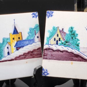 Delft Dutch Netherlands Traditional Hand Painted Westraven Polychrome Tiles Pair - c. 1950s Holland