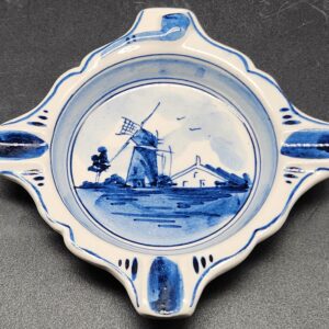 Delft Dutch Netherlands Hand Painted Blue & White Windmill Ashtray - c. 1950s Vintage Holland