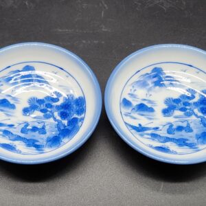 Pair Japanese Porcelain Hand Painted Blue and White Landscape Sauce Plates - c. 1960s Vintage
