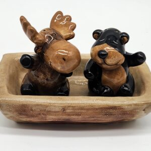 Sonoma Lodge Bear & Moose in Log Canoe Salt & Pepper Shakers w/ Stoppers