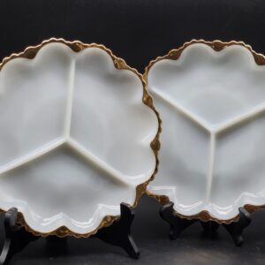 Vintage Anchor Hocking Fire King Milk Glass Divided Relish Trays with Gold Trim