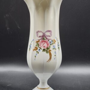 Westmoreland Roses and Bows Hand Painted White Milk Glass Footed Scalloped Flower Vase