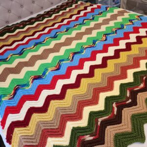 1970s Chevron Wave Pattern Crochet Handmade Afghan Blanket 72" x 56" Vintage
