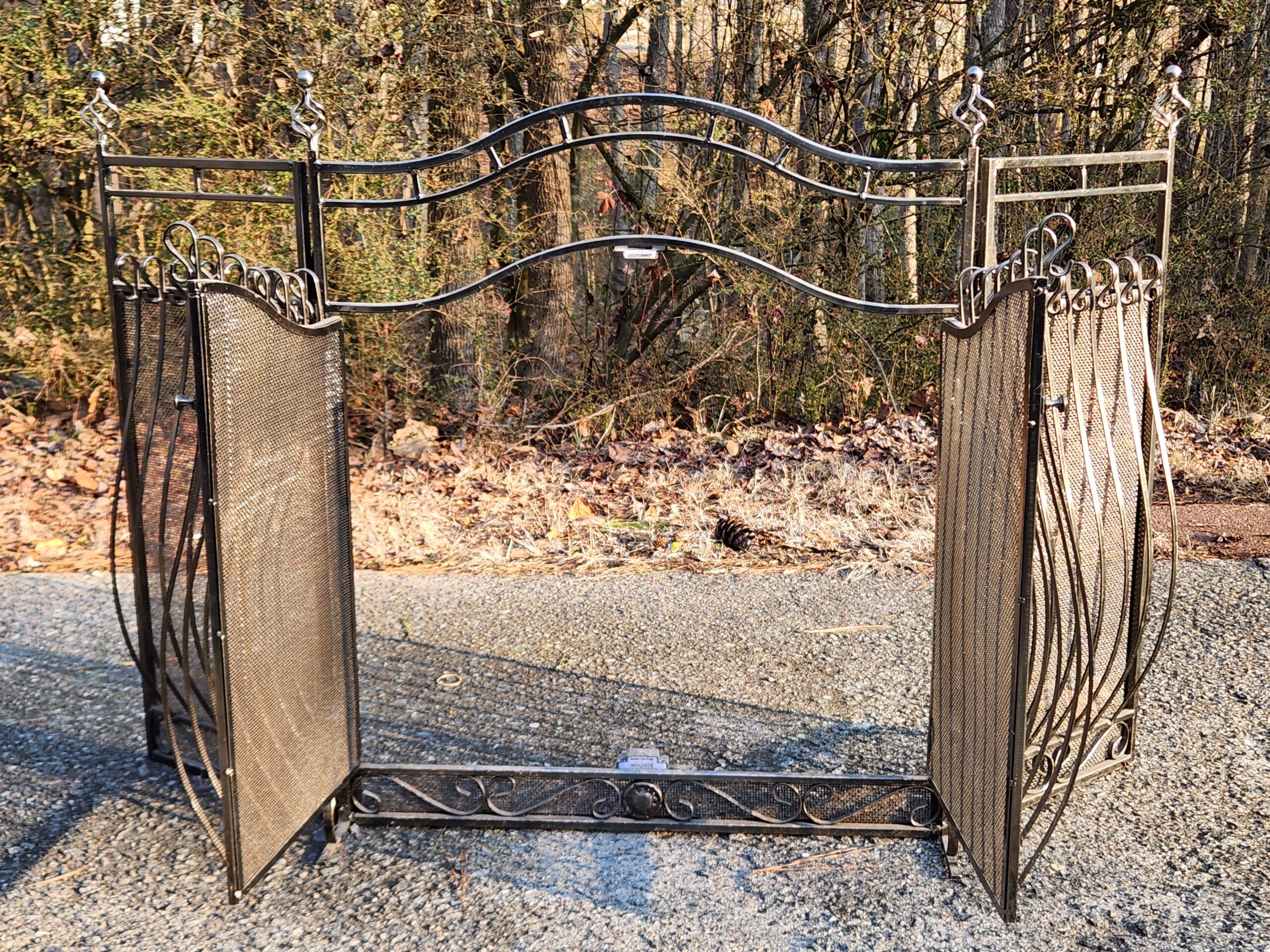Ornate Spanish Style Nickle Fireplace Screen w/ Latching/Swinging Double Doors