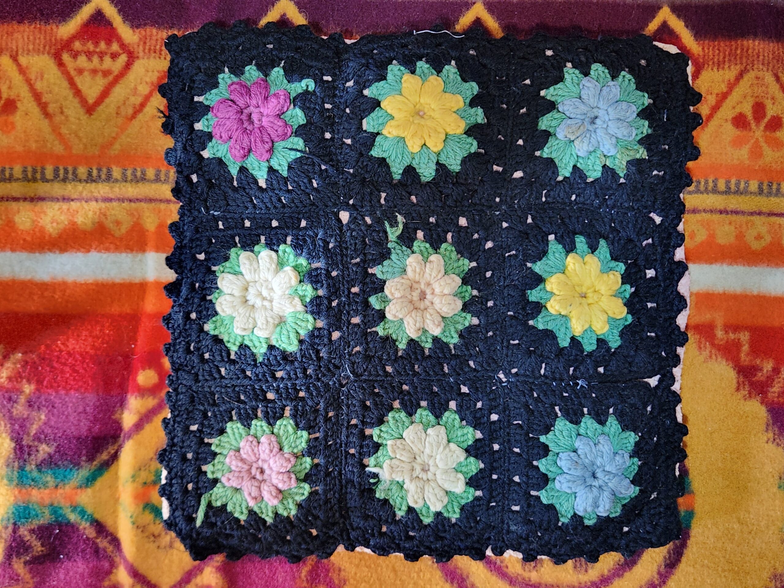 Vintage Roseanne Granny Square Crochet Decorative Throw Pillow