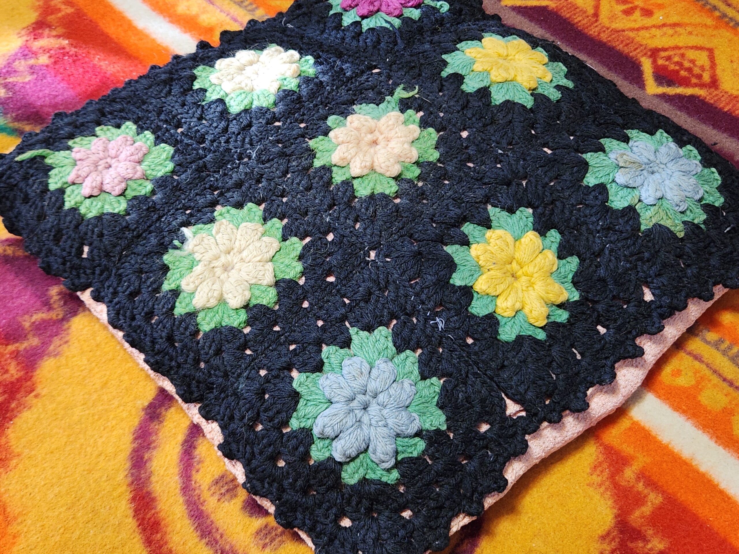 Vintage Roseanne Granny Square Crochet Decorative Throw Pillow - Image 2