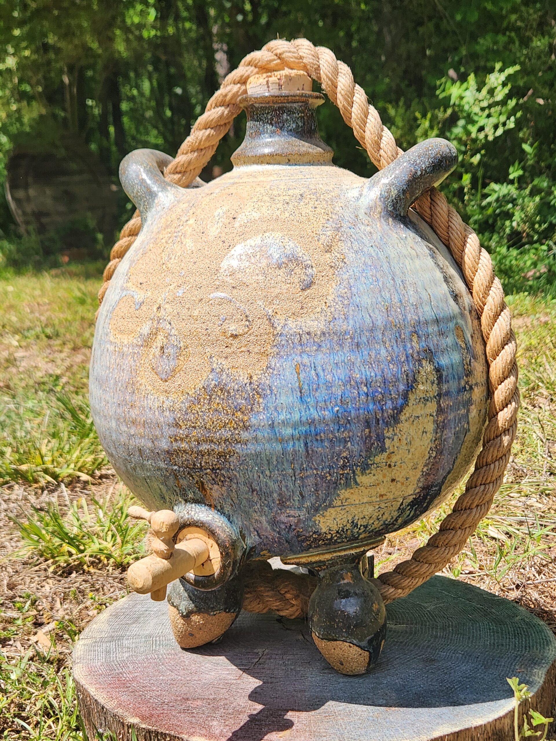 VTG Large Artisan Stoneware & Fired Glaze Wine Jug w/ Cork Stopper & Spigot