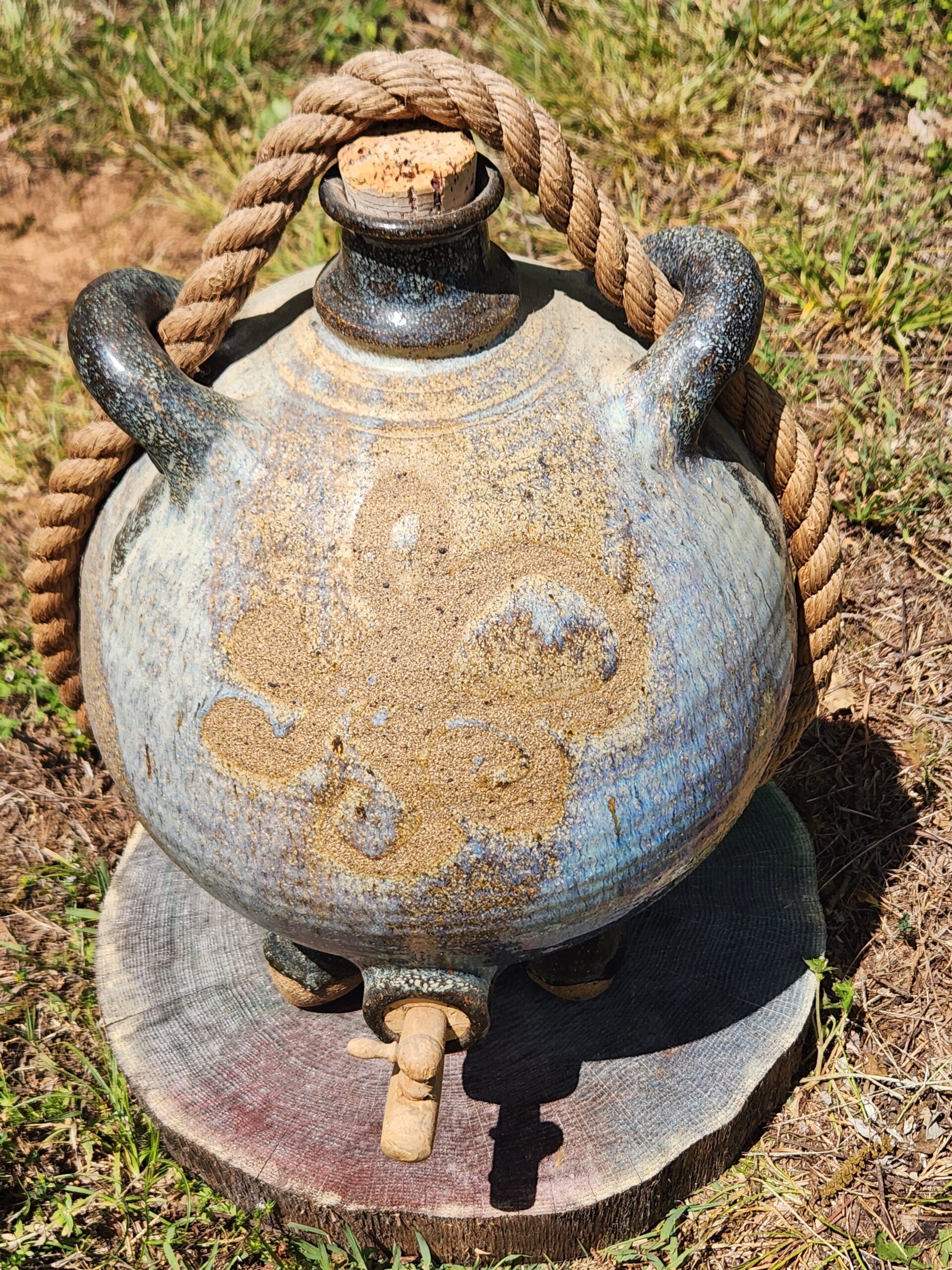 VTG Large Artisan Stoneware & Fired Glaze Wine Jug w/ Cork Stopper & Spigot - Image 2