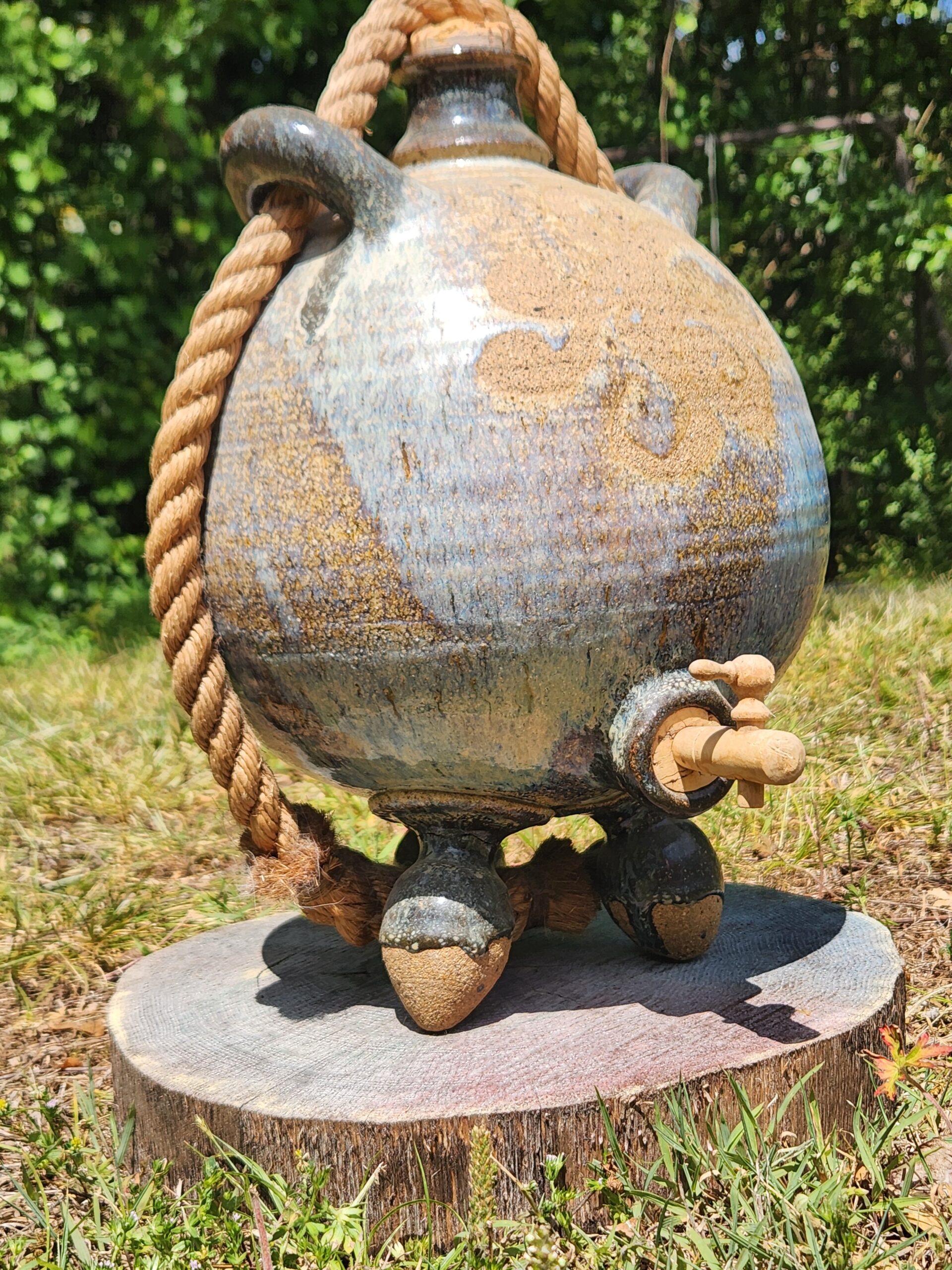 VTG Large Artisan Stoneware & Fired Glaze Wine Jug w/ Cork Stopper & Spigot - Image 3