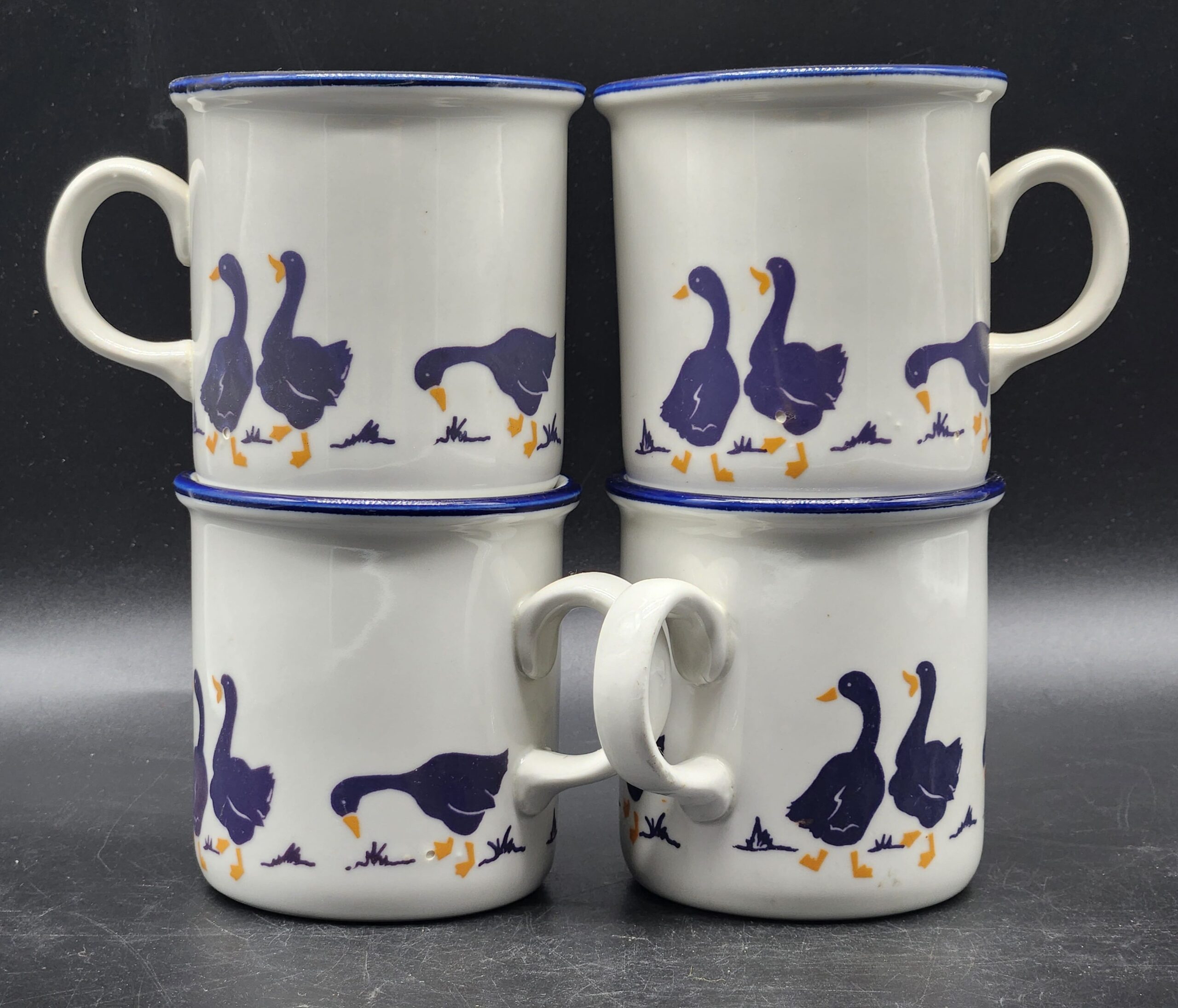 CIPA Porcellana Italy Vintage 1980s White Cobalt Blue Geese Mugs Set Of 4