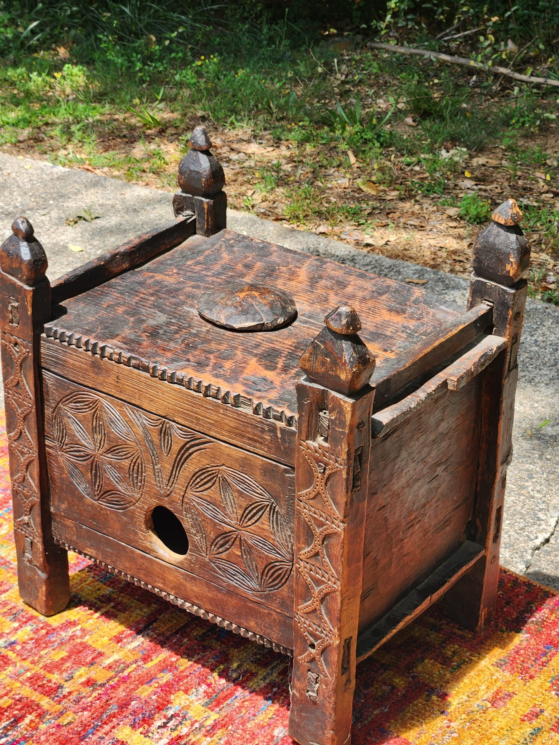 Pakistani Swat Valley Hand-Carved Dowry Chest - Tribal BOHO Rustic Cultural - Image 2