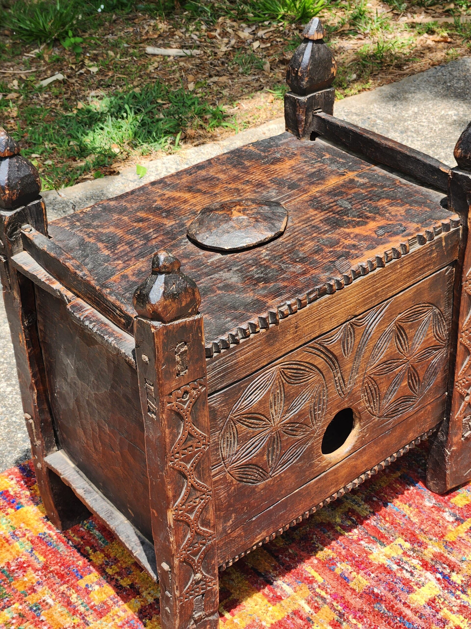 Pakistani Swat Valley Hand-Carved Dowry Chest - Tribal BOHO Rustic Cultural - Image 3