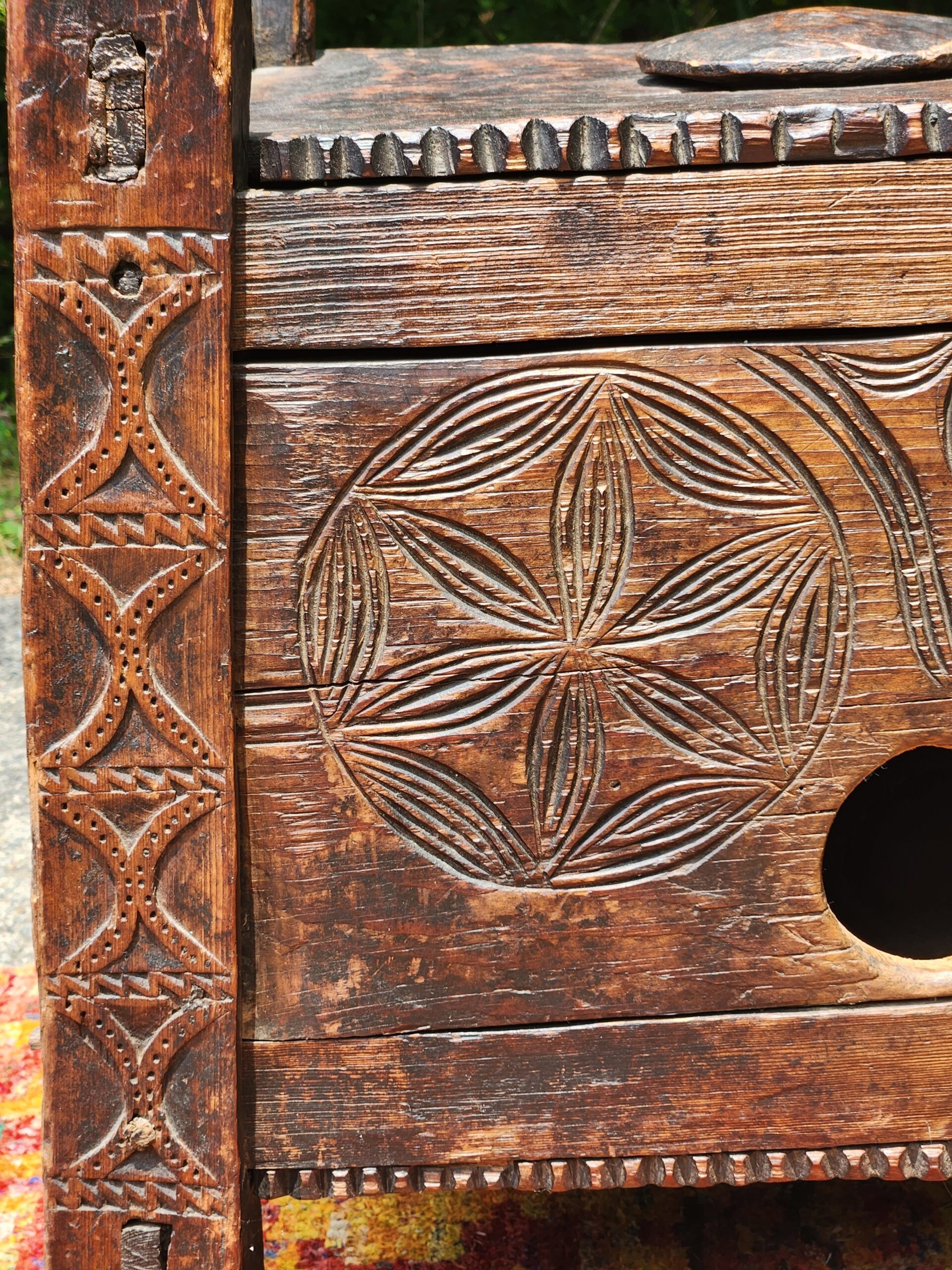 Pakistani Swat Valley Hand-Carved Dowry Chest - Tribal BOHO Rustic Cultural - Image 4