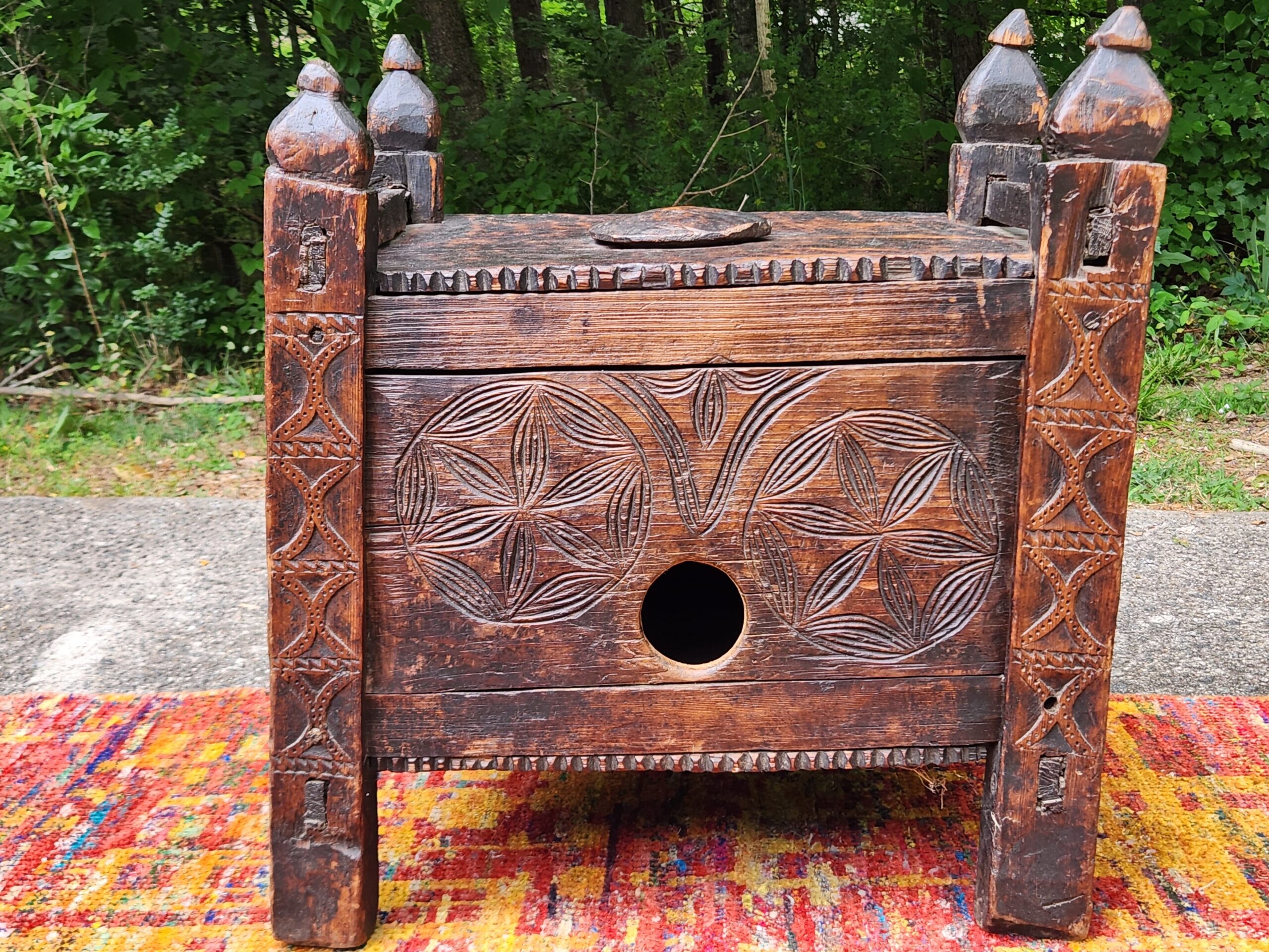 Pakistani Swat Valley Hand-Carved Dowry Chest - Tribal BOHO Rustic Cultural - Image 7