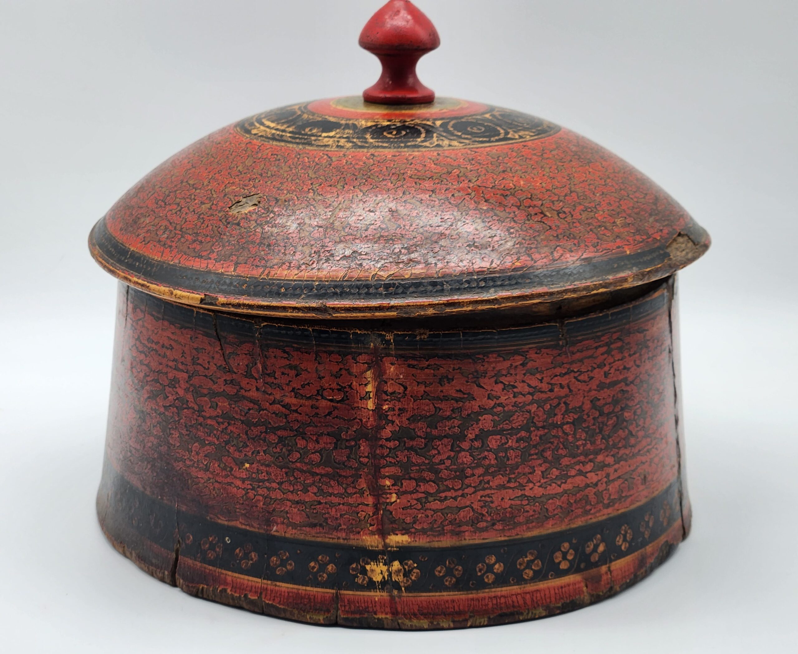 ANTIQUE 19th Century Burma Red Lacquer Carved Teak Buddhist Offering Box