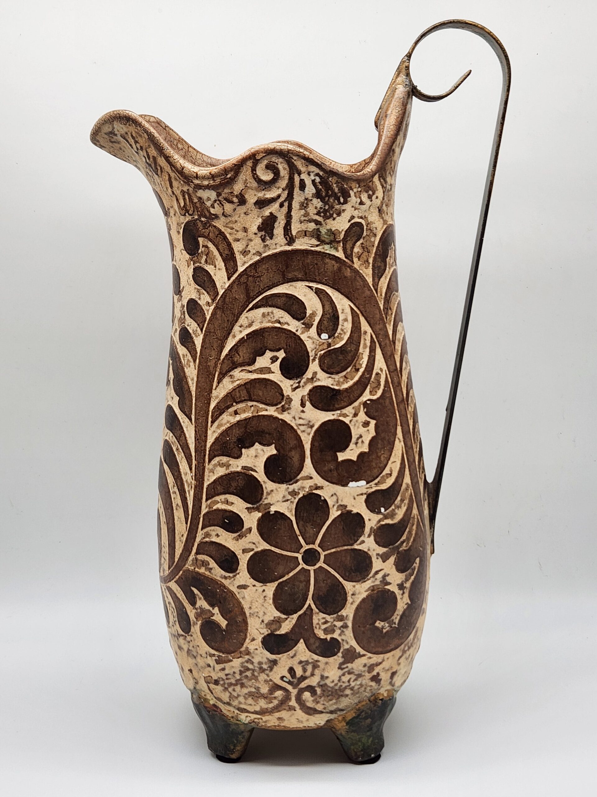 Vintage Hosley Potteries Ceramic Pitcher Ewer w/ Iron Handle - Rustic Mediterranean Farmhouse Folk