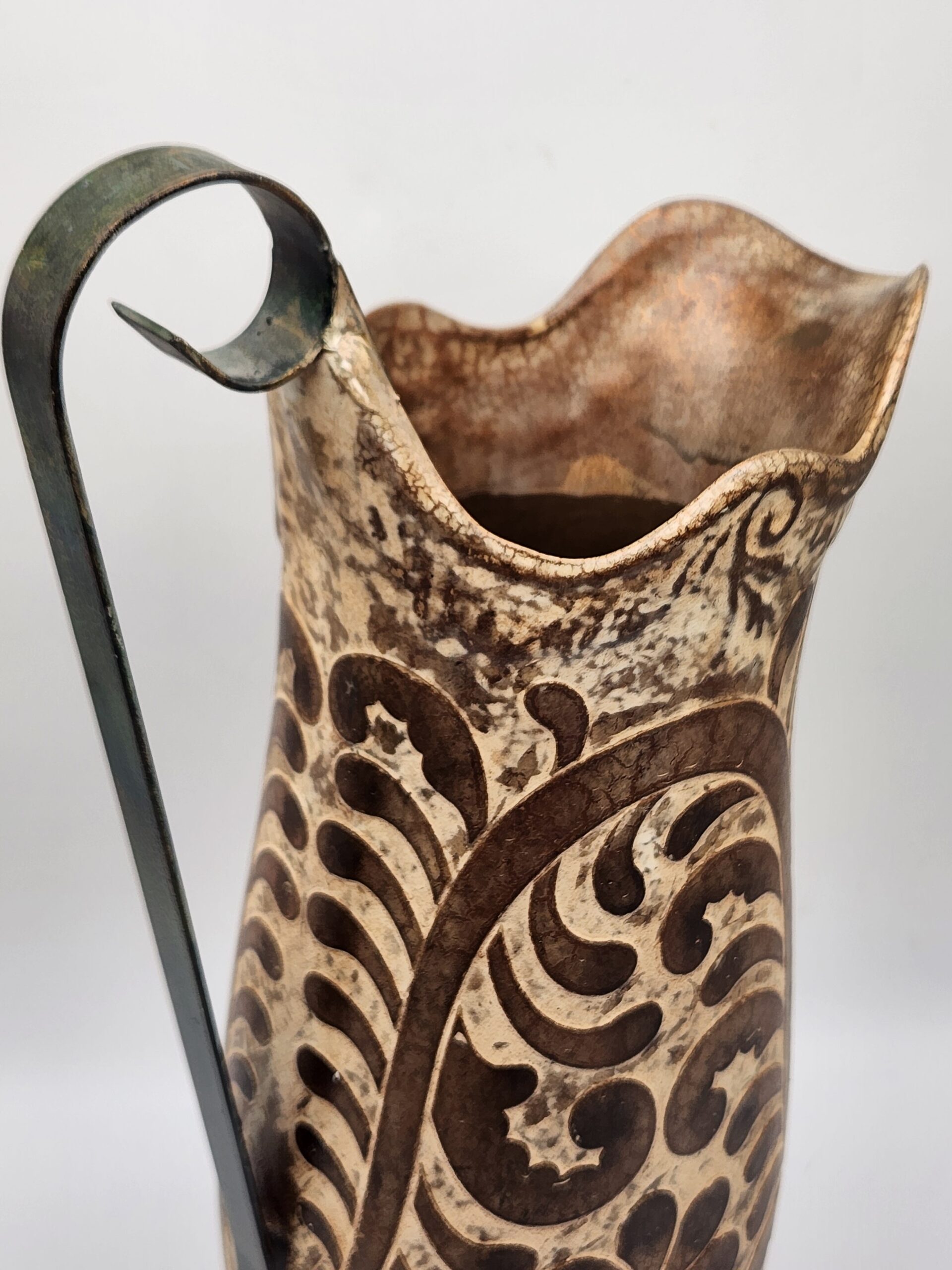 Vintage Hosley Potteries Ceramic Pitcher Ewer w/ Iron Handle - Rustic Mediterranean Farmhouse Folk - Image 3