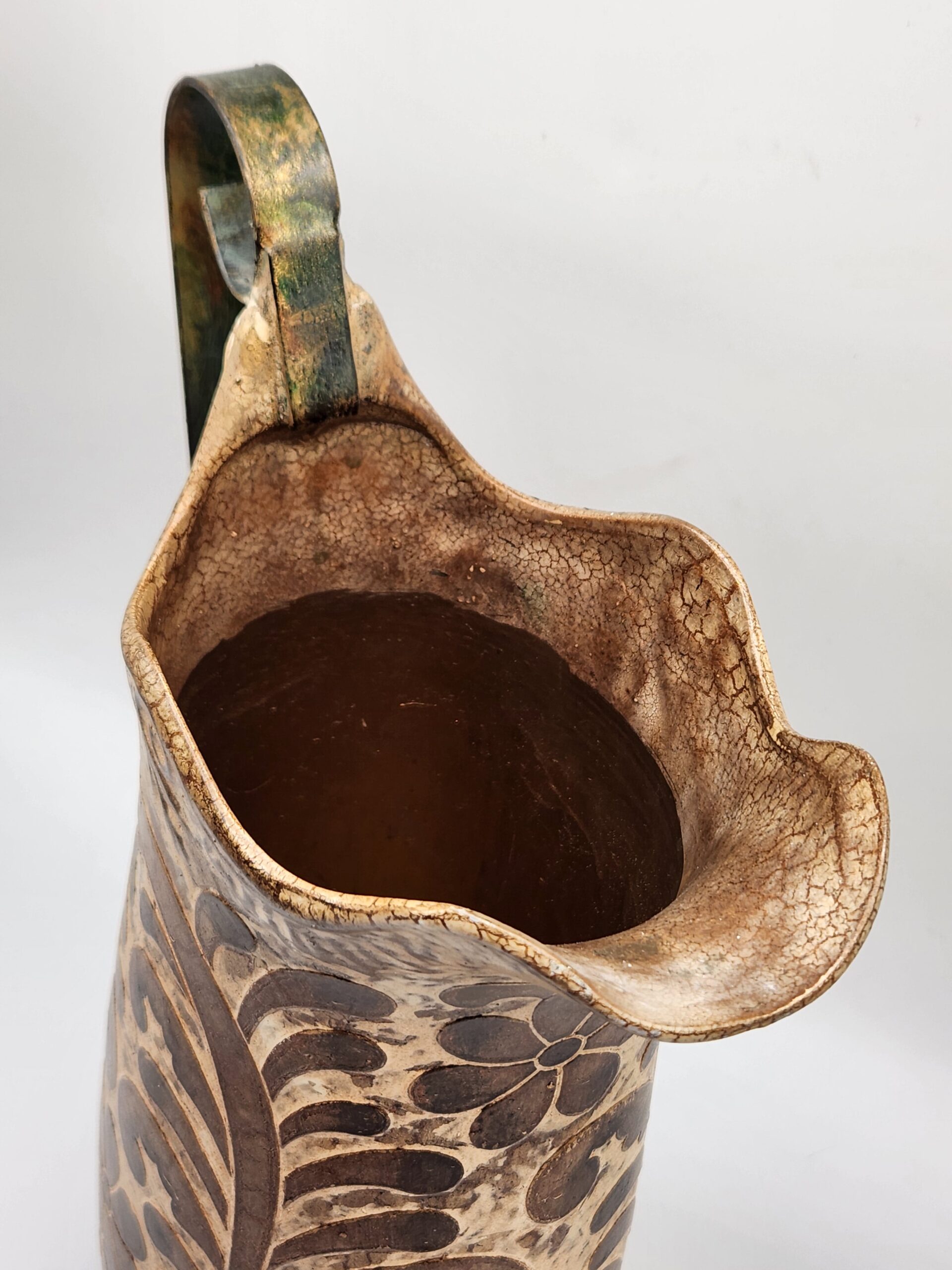 Vintage Hosley Potteries Ceramic Pitcher Ewer w/ Iron Handle - Rustic Mediterranean Farmhouse Folk - Image 5