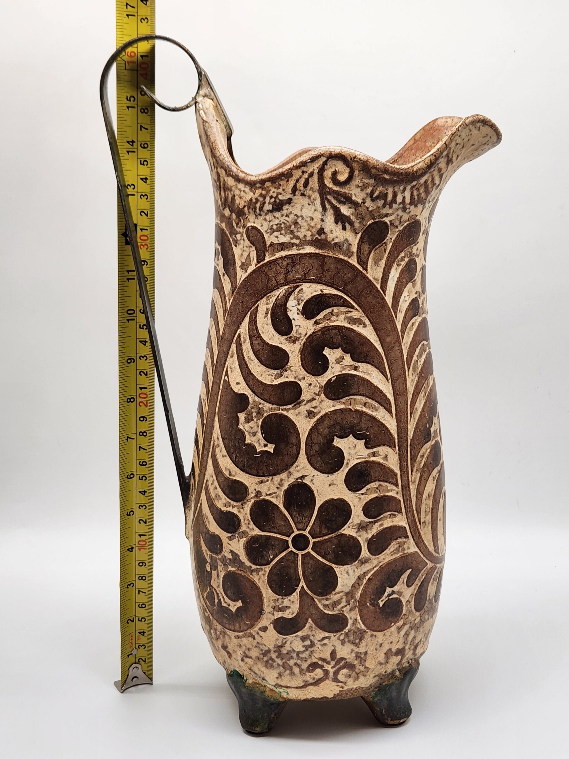 Vintage Hosley Potteries Ceramic Pitcher Ewer w/ Iron Handle - Rustic Mediterranean Farmhouse Folk - Image 7