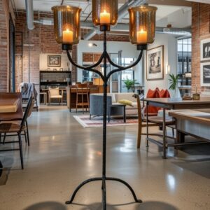 Rustic Industrial Iron and Smoked Glass Three Arm Floor Candelabra