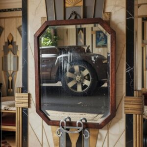 1920s Art Deco Amsterdam School Design Solid Oak Leaded Beveled Glass Wall Mirror - 20" x 26"