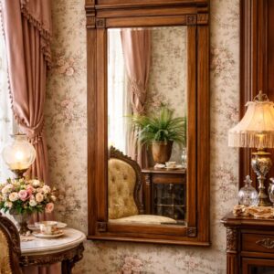 Vintage Victorian Biedermeir Carved Oak Beveled Leaded Glass Cheval Mirror - 25.5" x 59.5"
