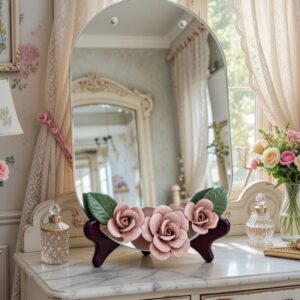Capodimonte-Style Porcelain Rose Flower Mirror - 1950s Shabby Chic Vintage