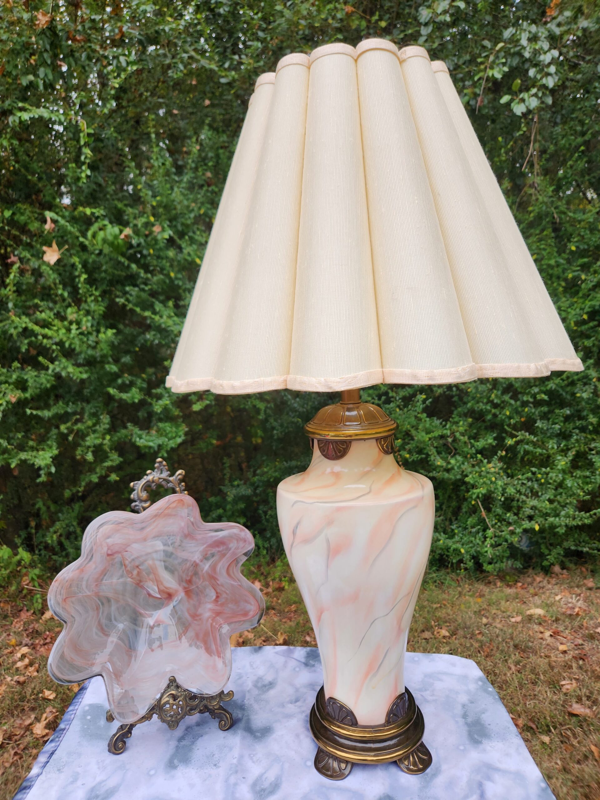 Pink Hollywood Regency Ceramic Marbled Table Lamp w/ Mushroom Pleated Empire Shade - Image 14