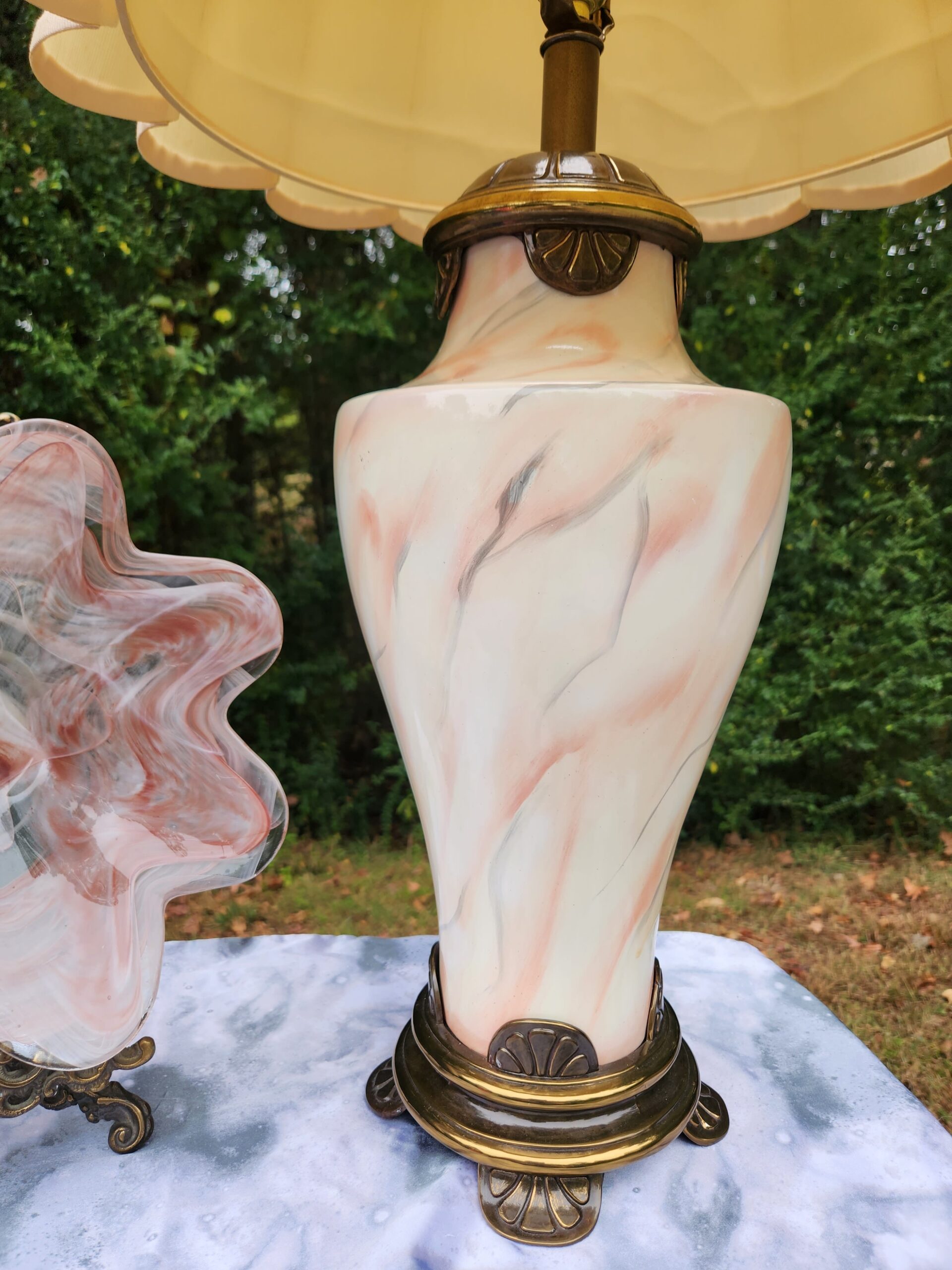 Pink Hollywood Regency Ceramic Marbled Table Lamp w/ Mushroom Pleated Empire Shade - Image 2