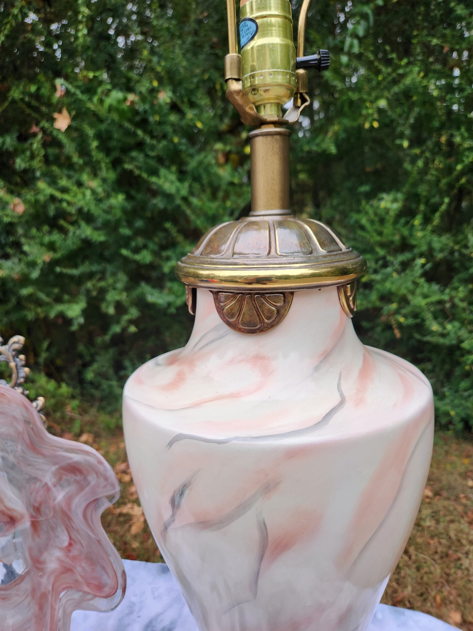 Pink Hollywood Regency Ceramic Marbled Table Lamp w/ Mushroom Pleated Empire Shade - Image 3