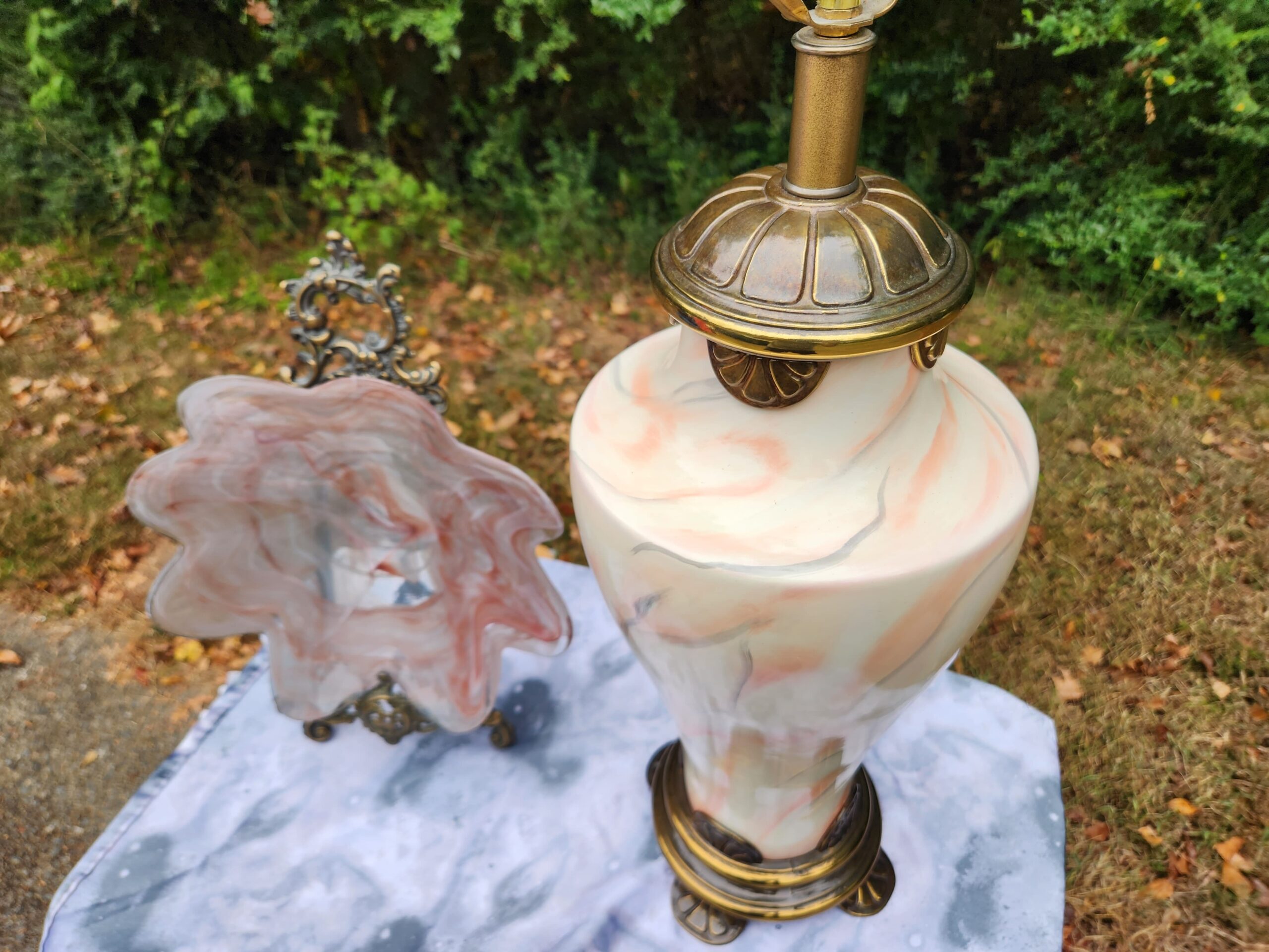 Pink Hollywood Regency Ceramic Marbled Table Lamp w/ Mushroom Pleated Empire Shade - Image 4