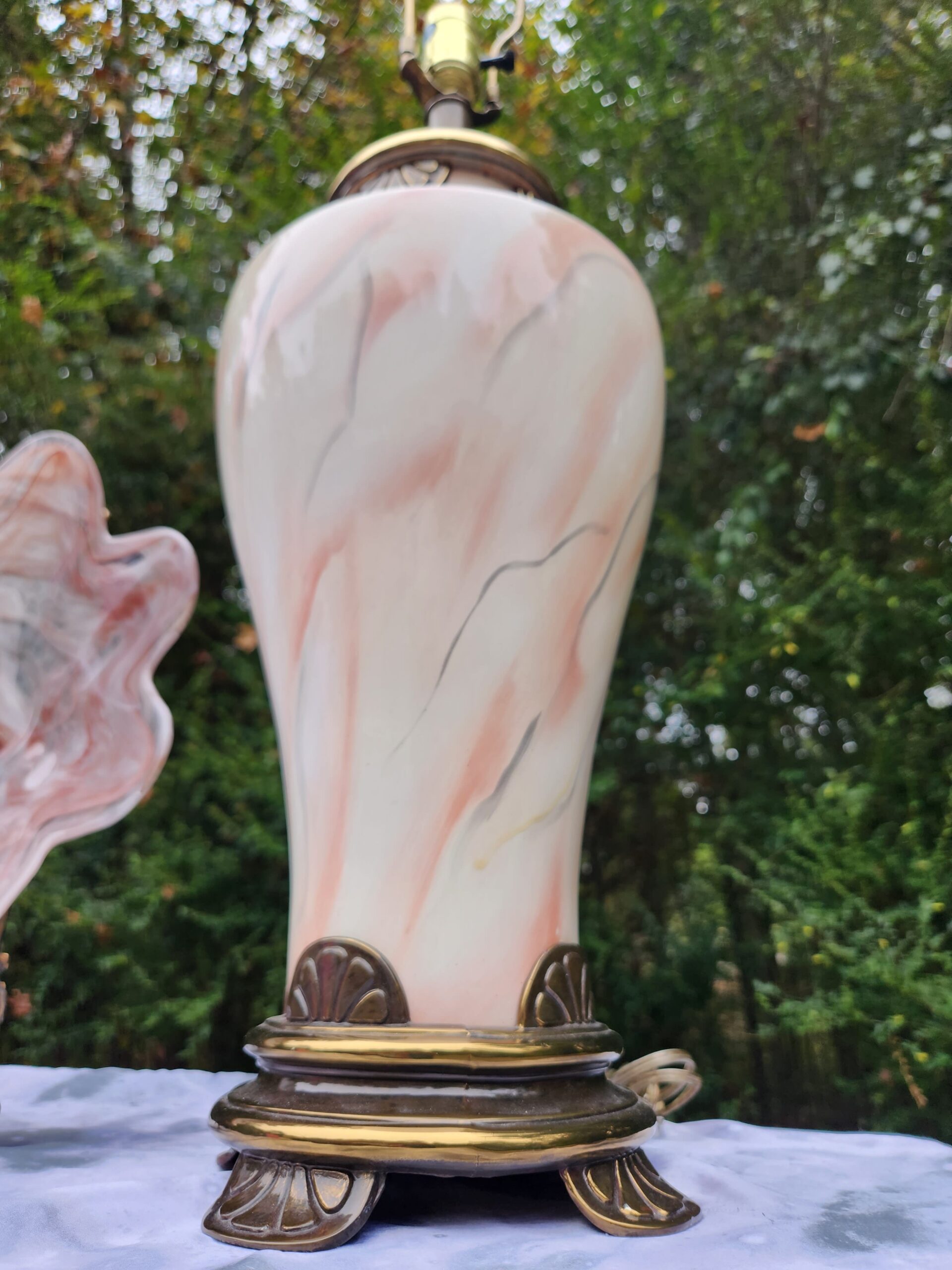 Pink Hollywood Regency Ceramic Marbled Table Lamp w/ Mushroom Pleated Empire Shade - Image 6