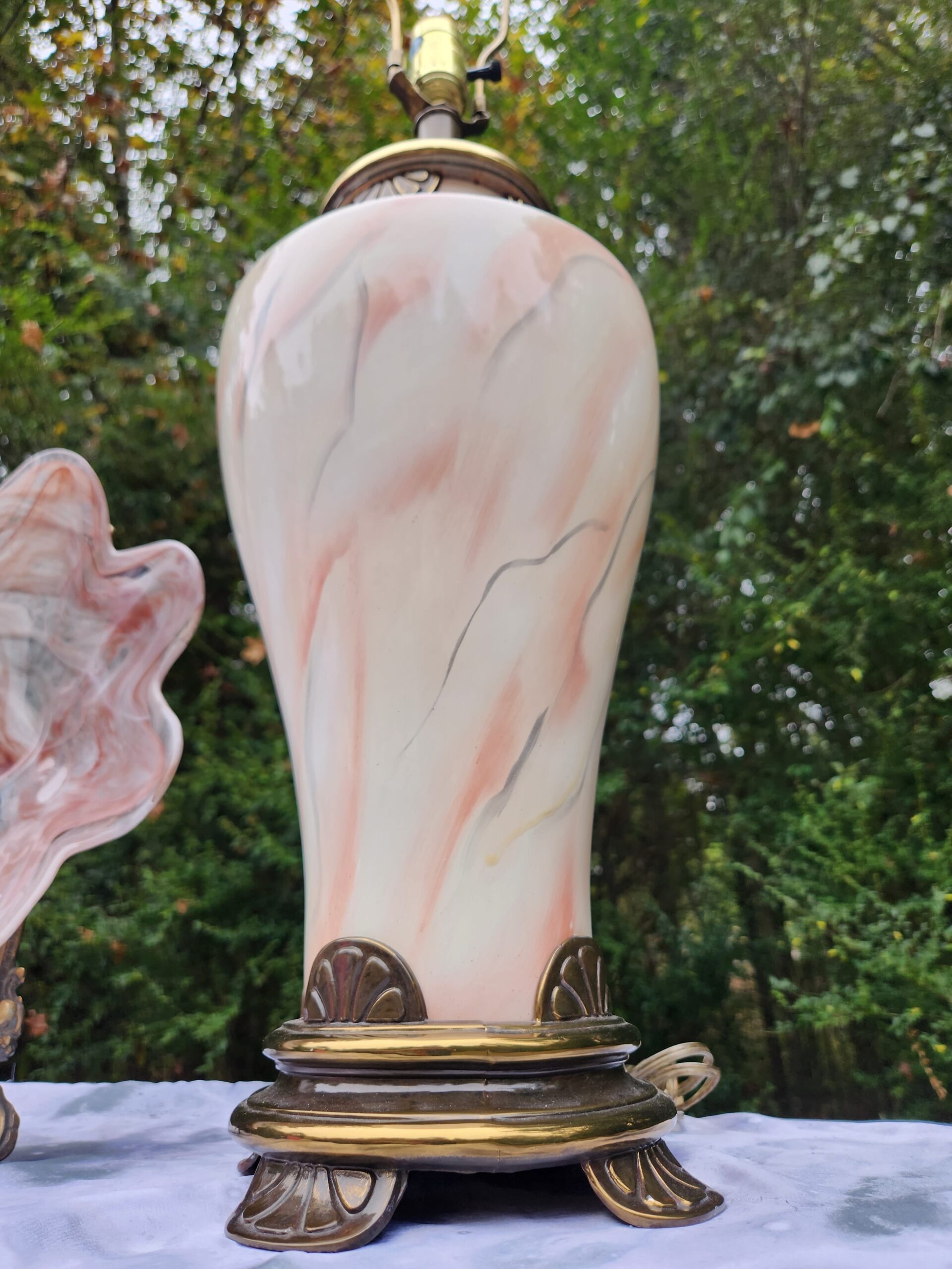 Pink Hollywood Regency Ceramic Marbled Table Lamp w/ Mushroom Pleated Empire Shade - Image 7