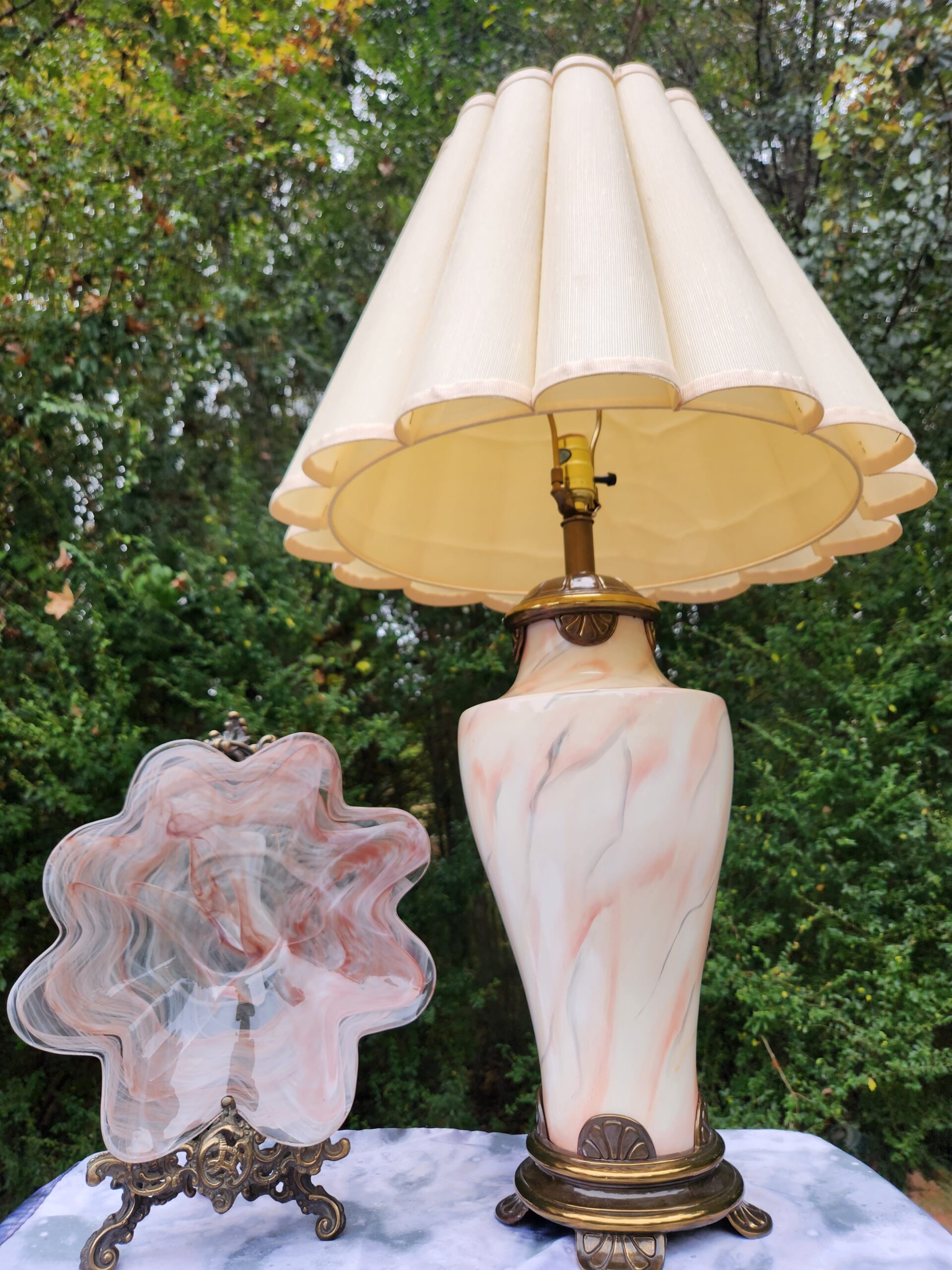 Pink Hollywood Regency Ceramic Marbled Table Lamp w/ Mushroom Pleated Empire Shade - Image 8