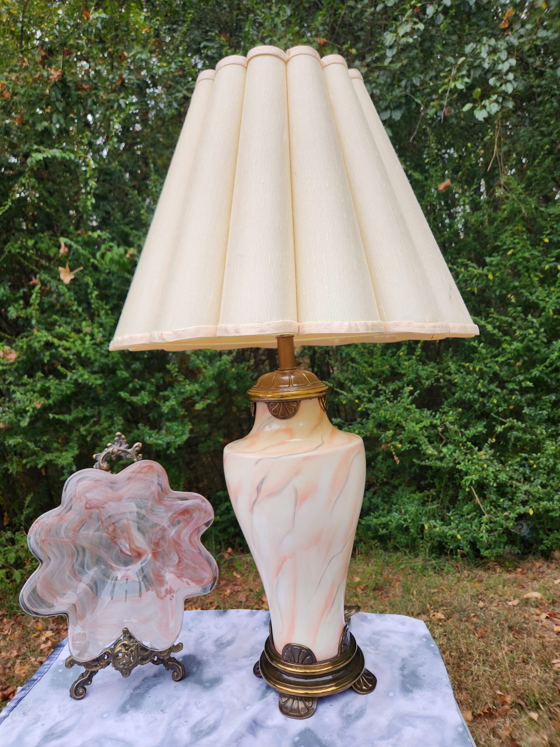 Pink Hollywood Regency Ceramic Marbled Table Lamp w/ Mushroom Pleated Empire Shade - Image 9