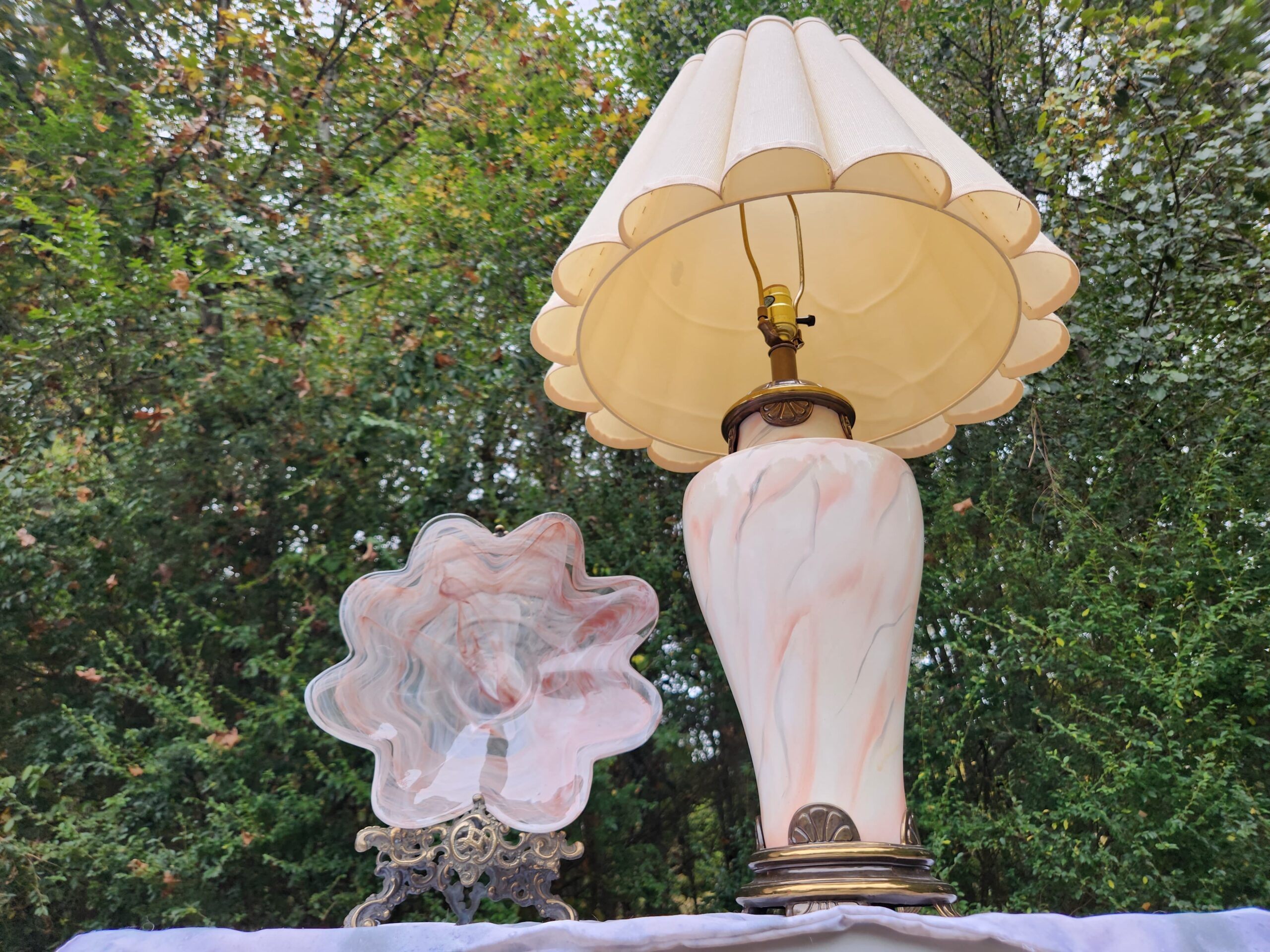 Pink Hollywood Regency Ceramic Marbled Table Lamp w/ Mushroom Pleated Empire Shade - Image 11