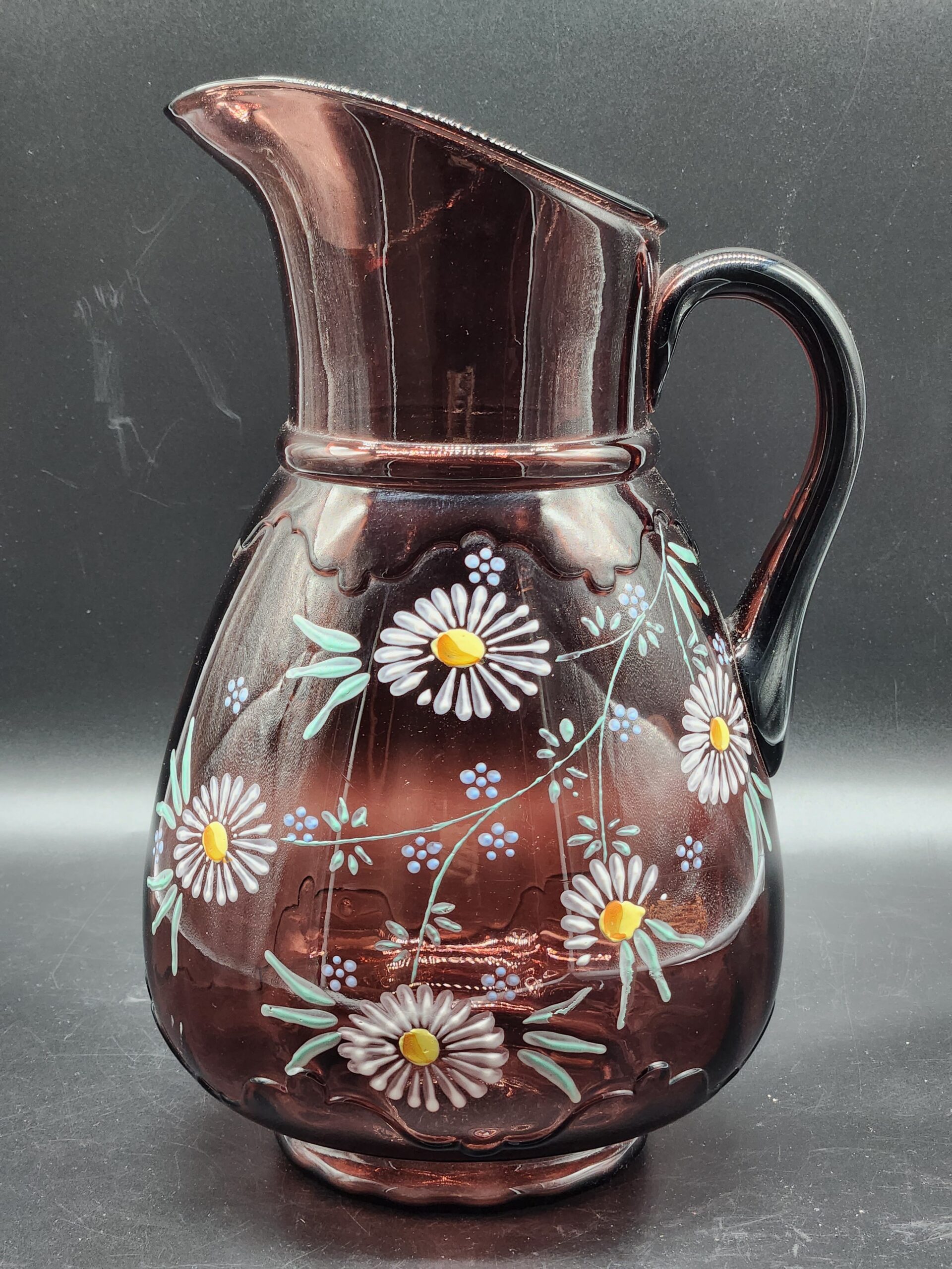 Antique Amethyst Glass Enamel Northwood Scalloped Collar Hand Painted Lemonade Pitcher & 4 Glass - Image 2