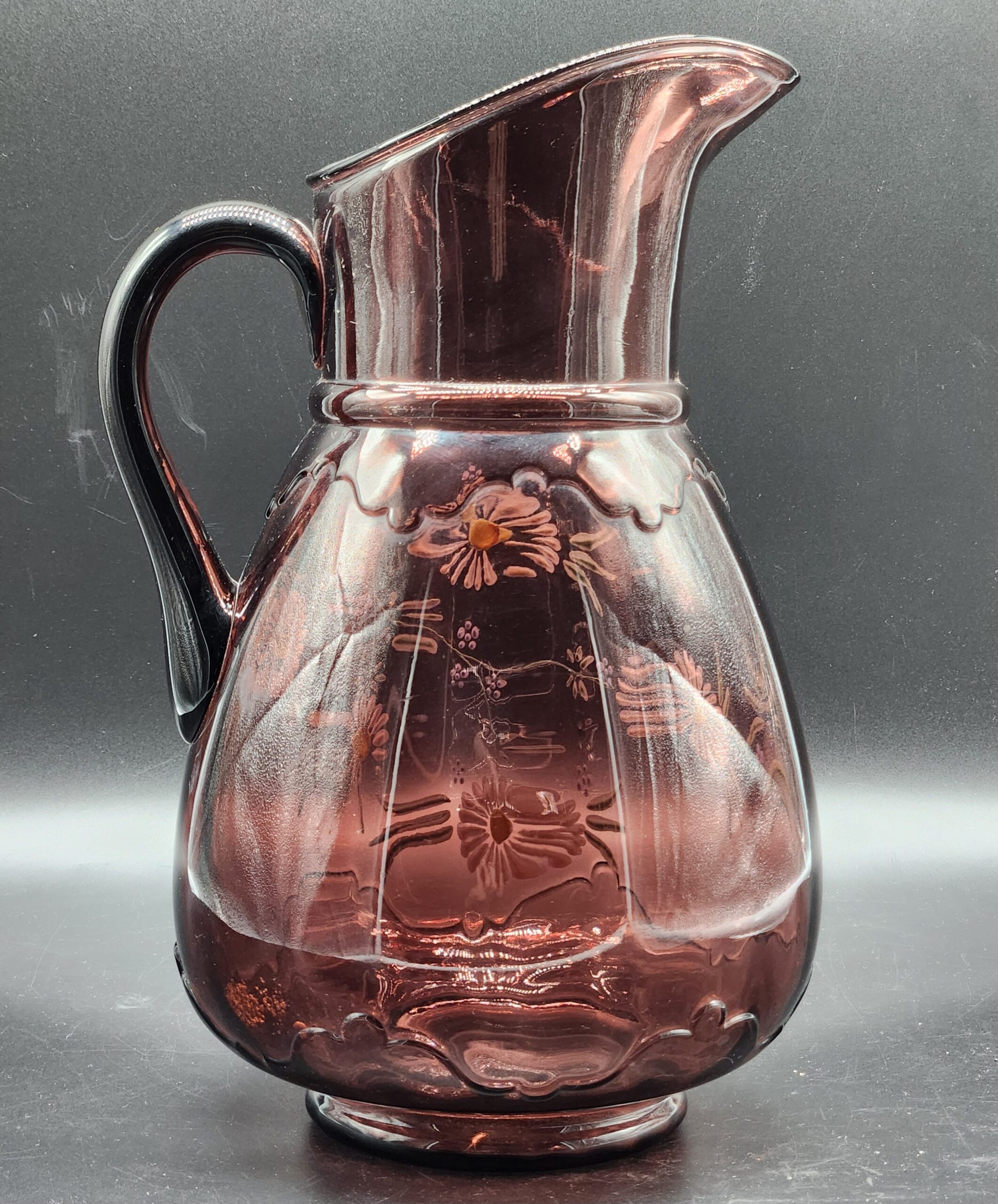 Antique Amethyst Glass Enamel Northwood Scalloped Collar Hand Painted Lemonade Pitcher & 4 Glass - Image 4