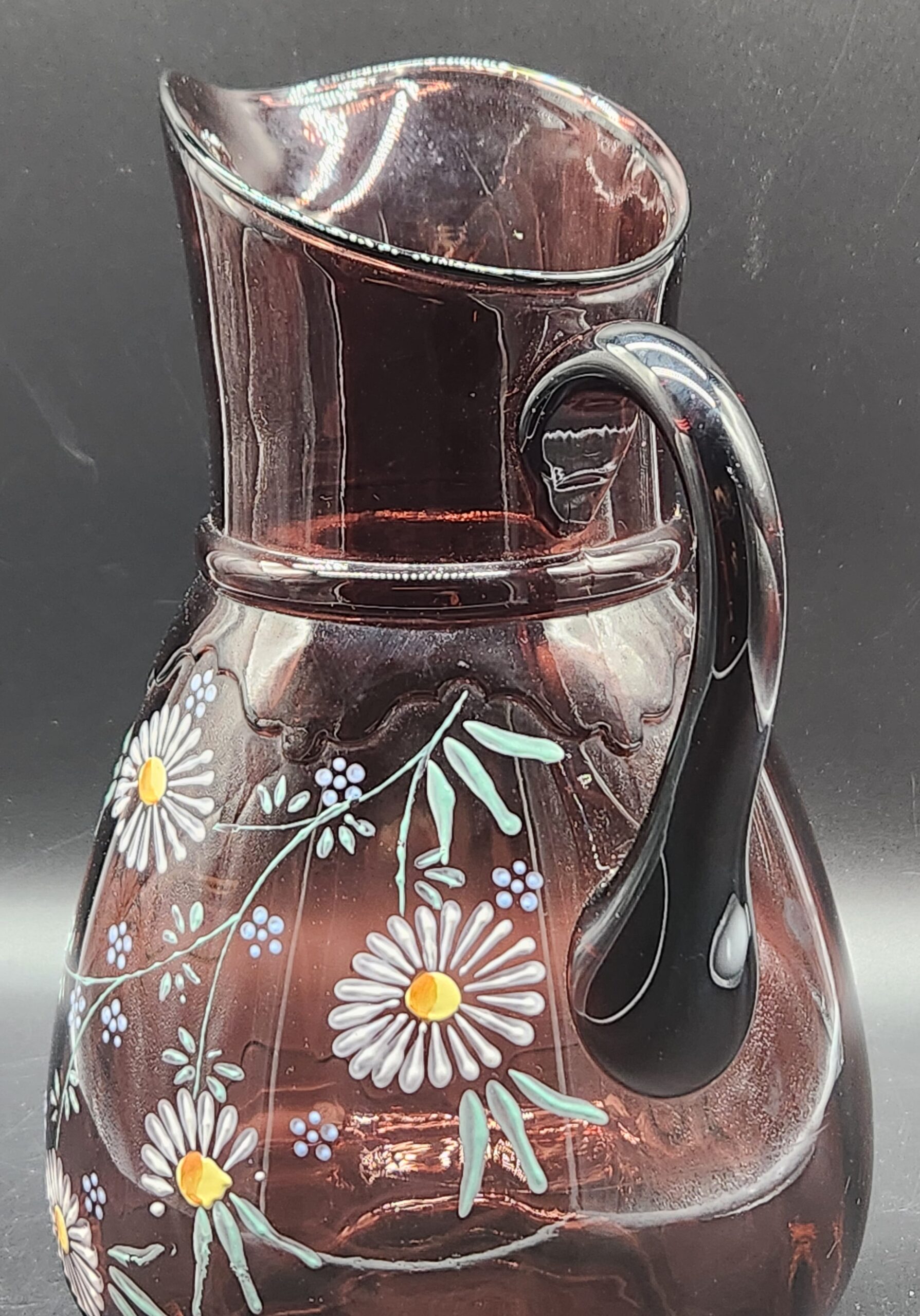 Antique Amethyst Glass Enamel Northwood Scalloped Collar Hand Painted Lemonade Pitcher & 4 Glass - Image 9