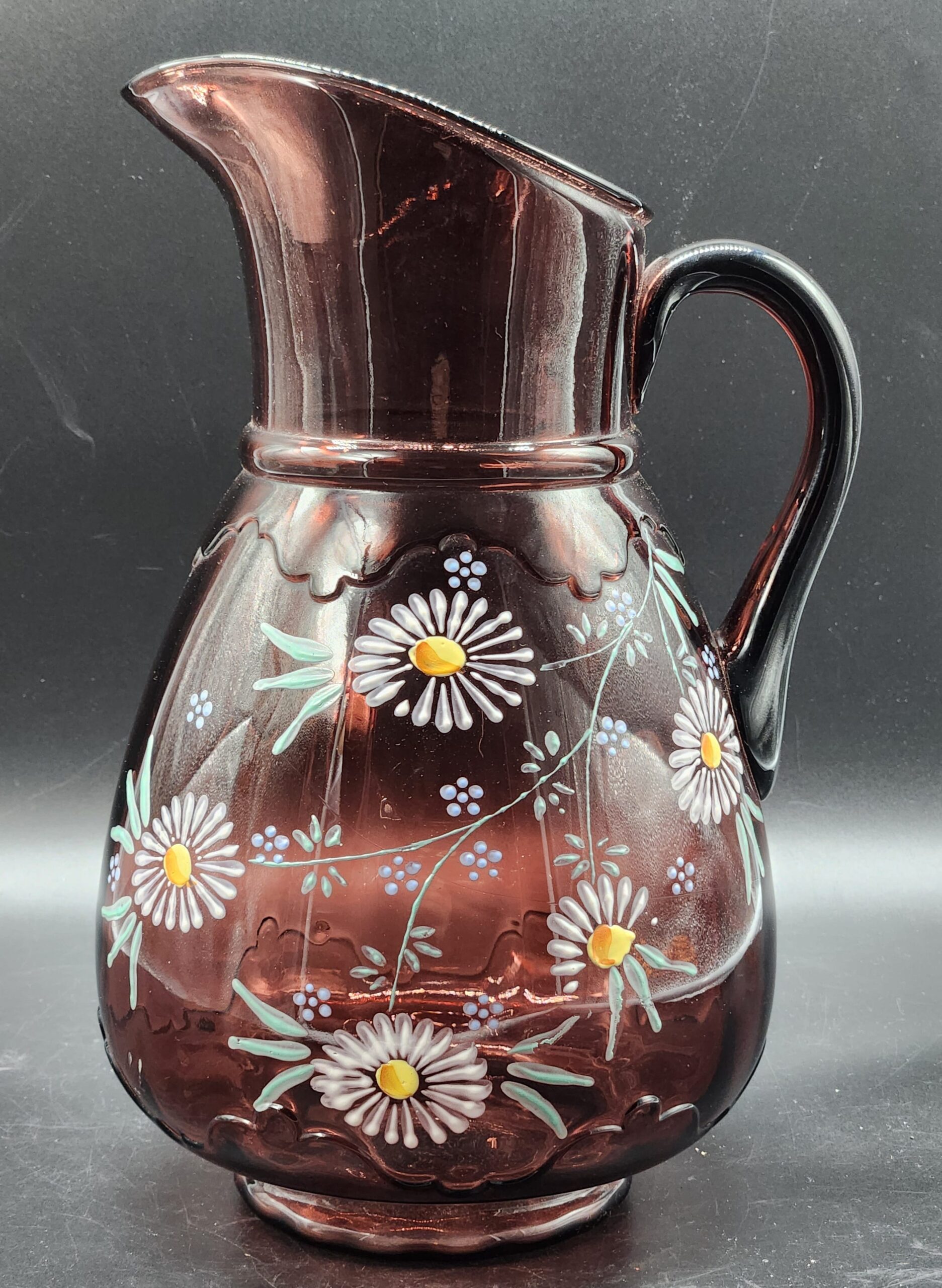 Antique Amethyst Glass Enamel Northwood Scalloped Collar Hand Painted Lemonade Pitcher & 4 Glass - Image 10