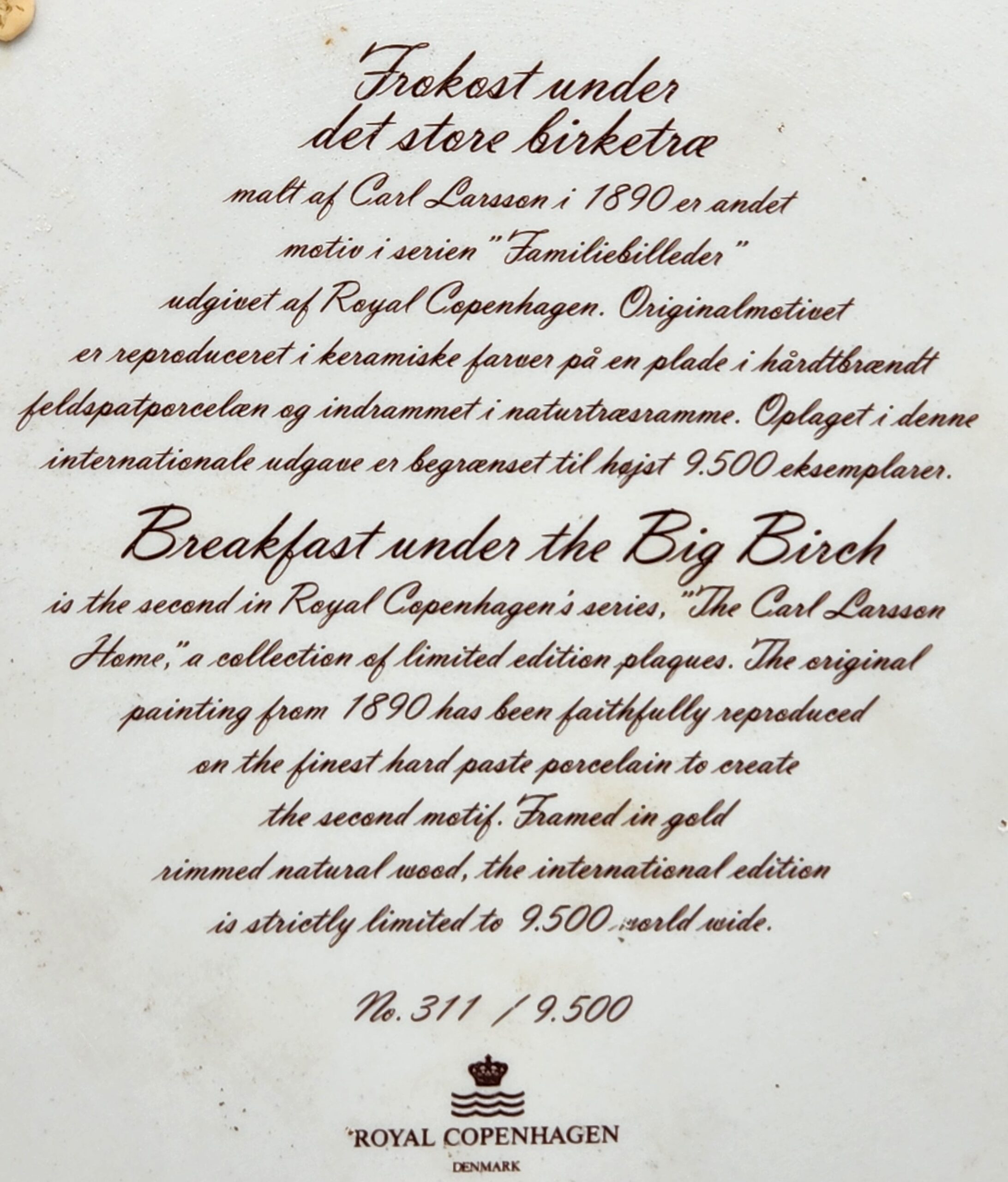 Royal Copenhagen Limited Edition Porcelain Plaque "Breakfast Under the Big Birch” - Image 5