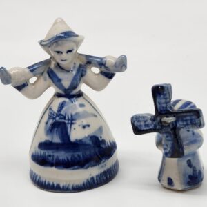 Vintage Delft Blue Porcelain Milkmaid and Windmill Figurine - Dutch Netherlands Holland