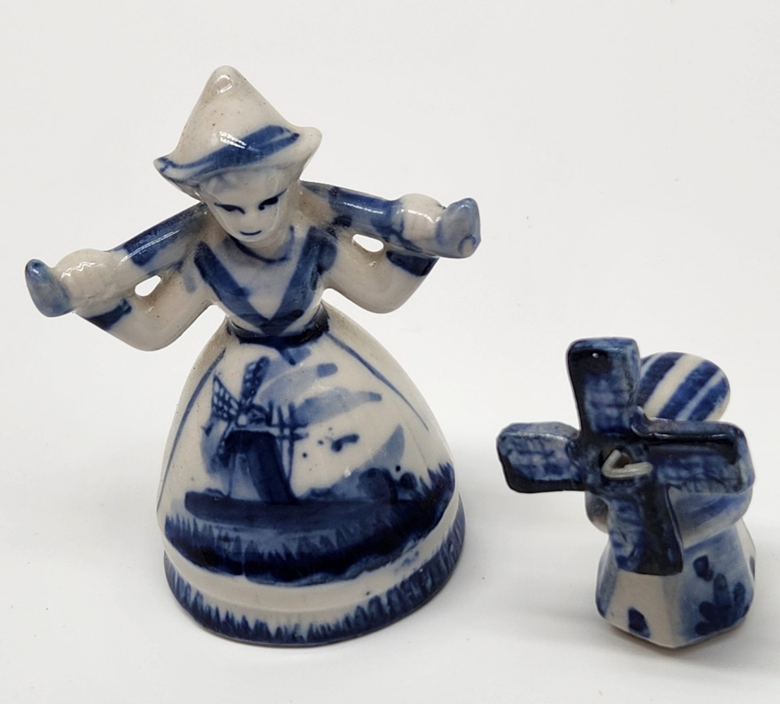 Vintage Delft Blue Porcelain Milkmaid and Windmill Figurine - Dutch Netherlands Holland - Image 2
