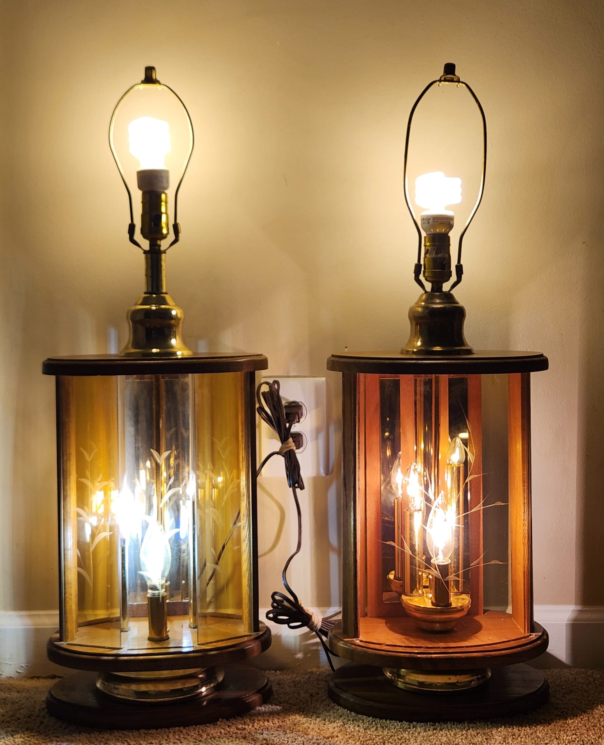 1980's Don Ward Oak/Brass/Etched Amber Glass 3-Way, 4-Light Table Lamps Set