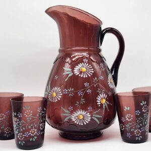 Antique Amethyst Glass Enamel Northwood Scalloped Collar Hand Painted Lemonade Pitcher & 4 Glass