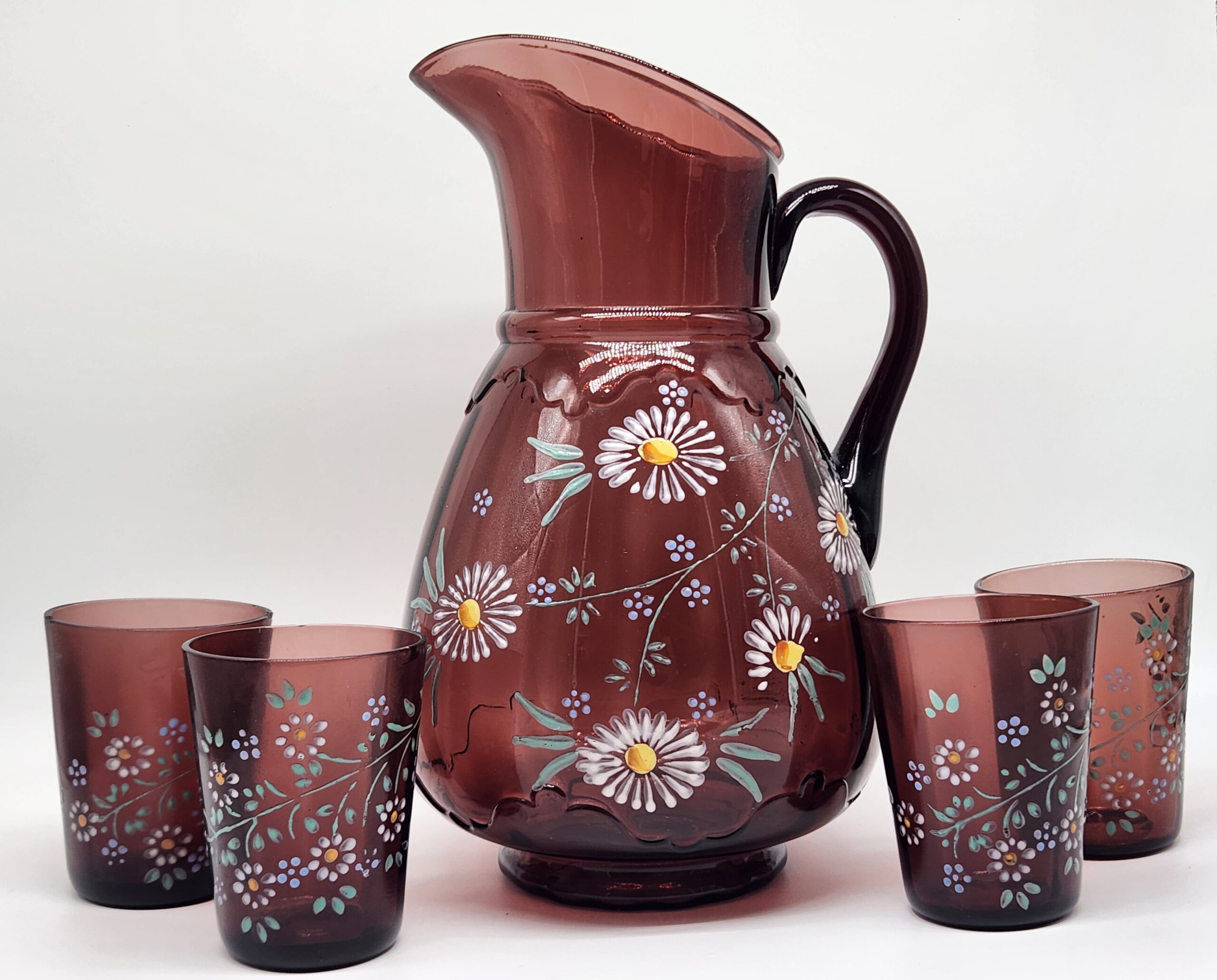 Antique Amethyst Glass Enamel Northwood Scalloped Collar Hand Painted Lemonade Pitcher & 4 Glass