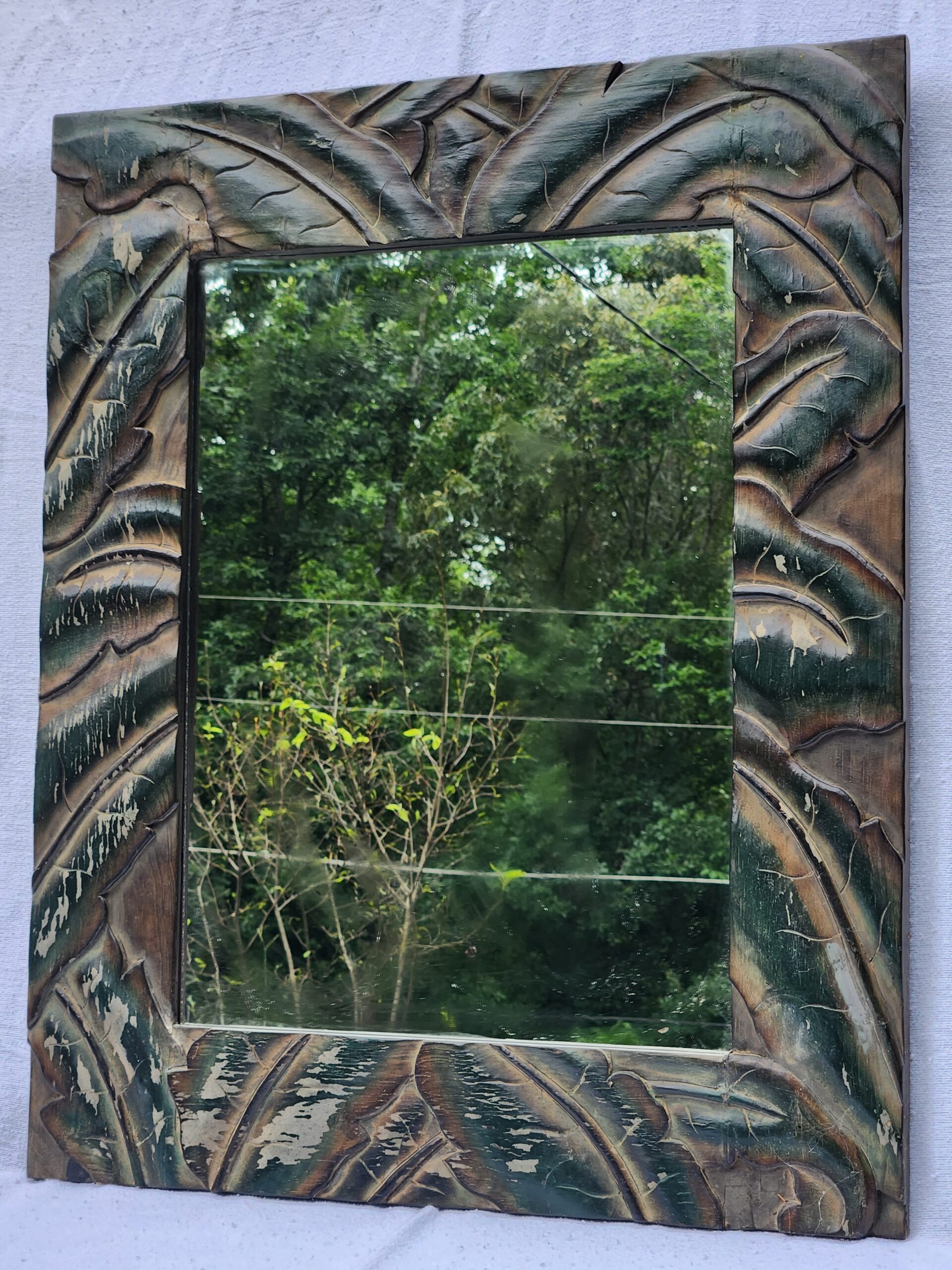 Vintage Carved Wood Frame Wall Mirror - Tropical Palm Motif - Image 3