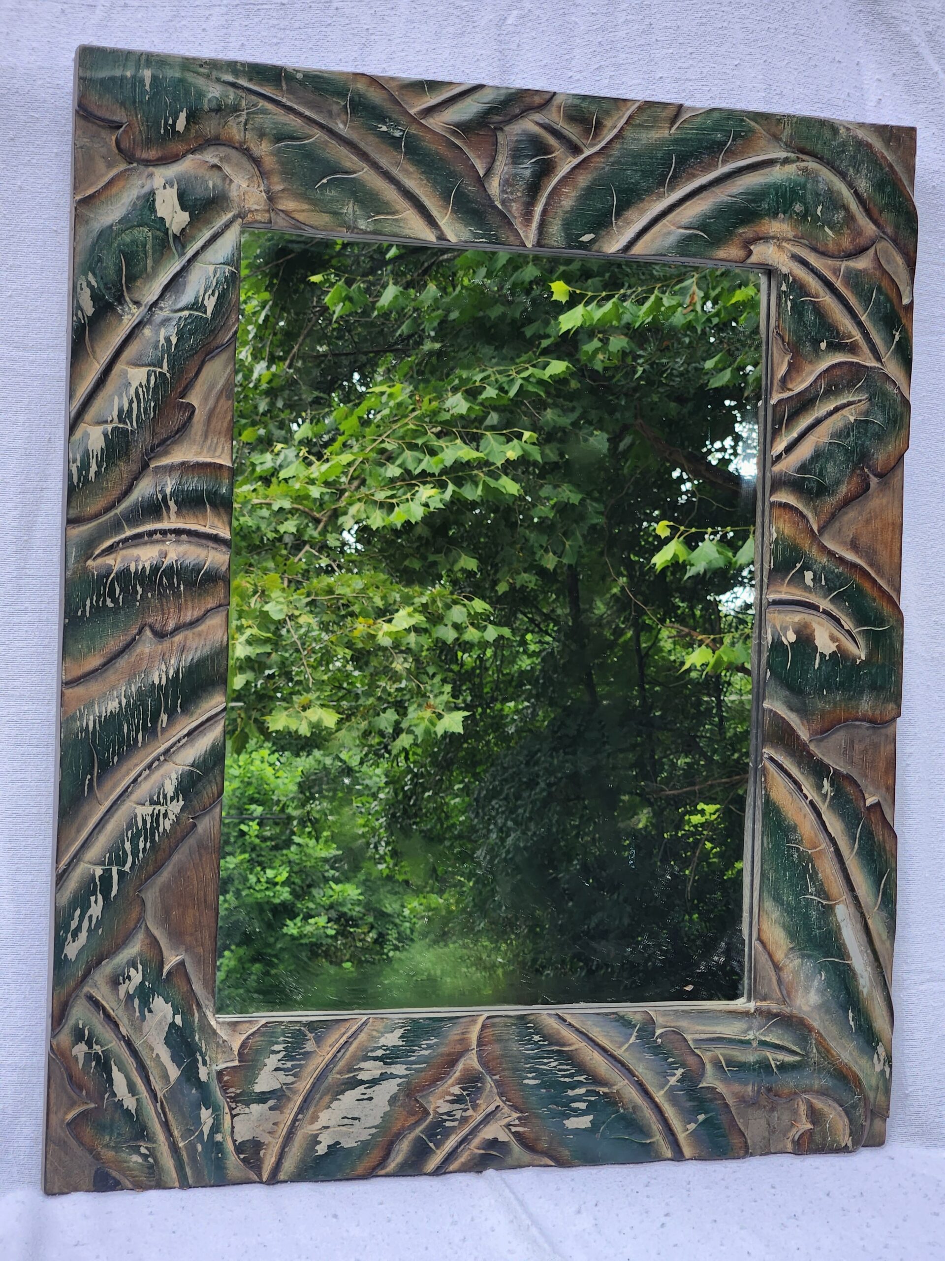Vintage Carved Wood Frame Wall Mirror - Tropical Palm Motif - Image 4