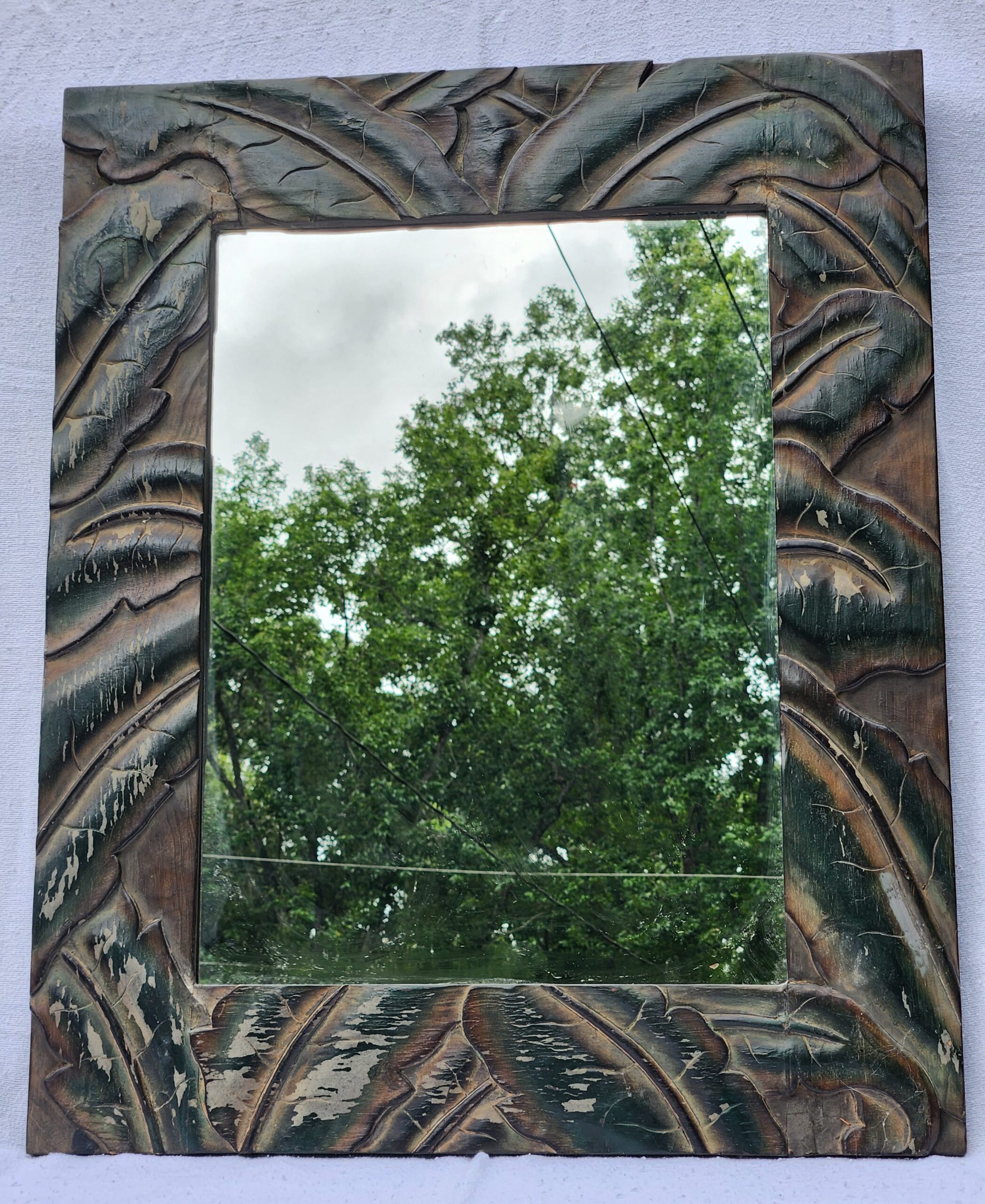 Vintage Carved Wood Frame Wall Mirror - Tropical Palm Motif - Image 5