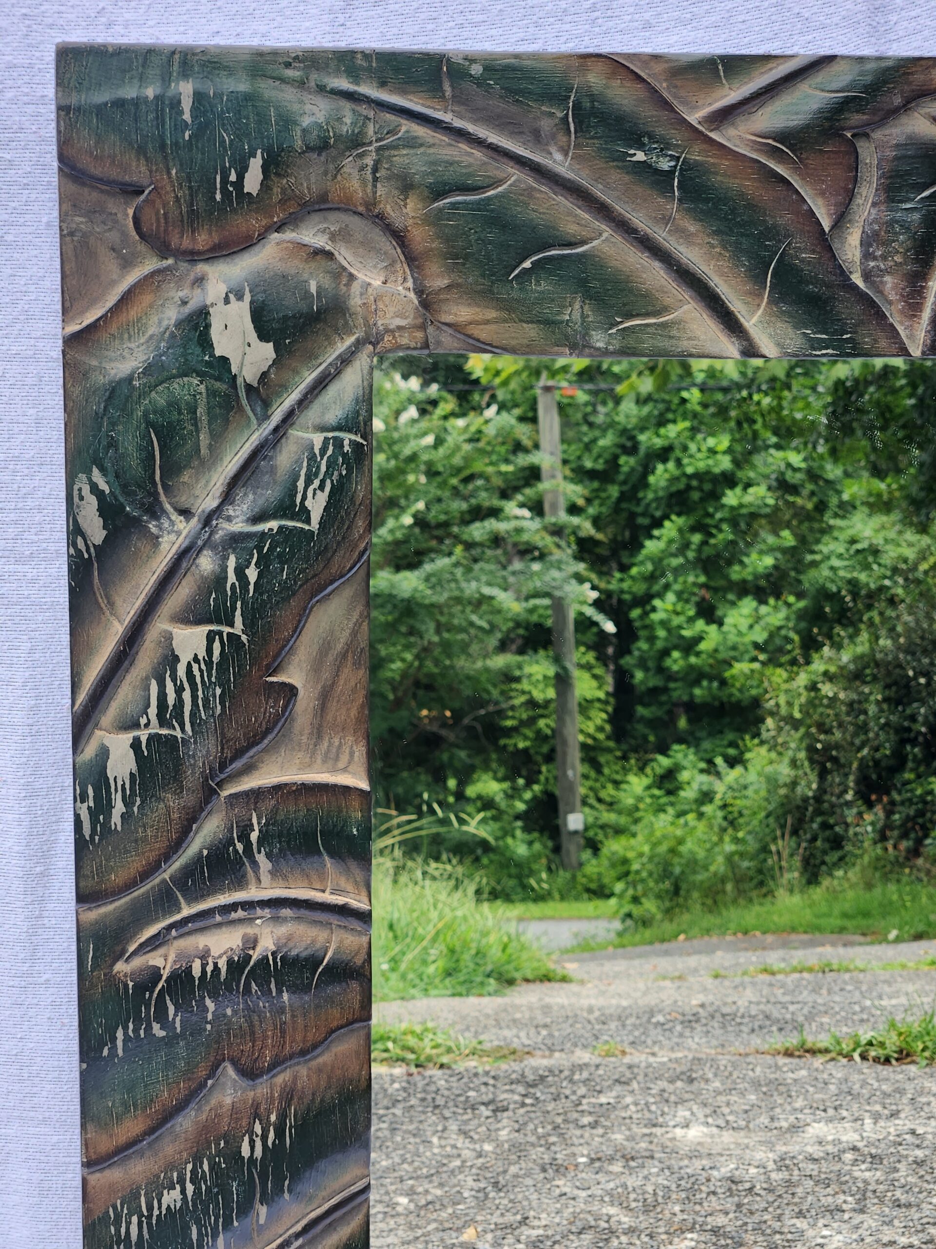 Vintage Carved Wood Frame Wall Mirror - Tropical Palm Motif - Image 8